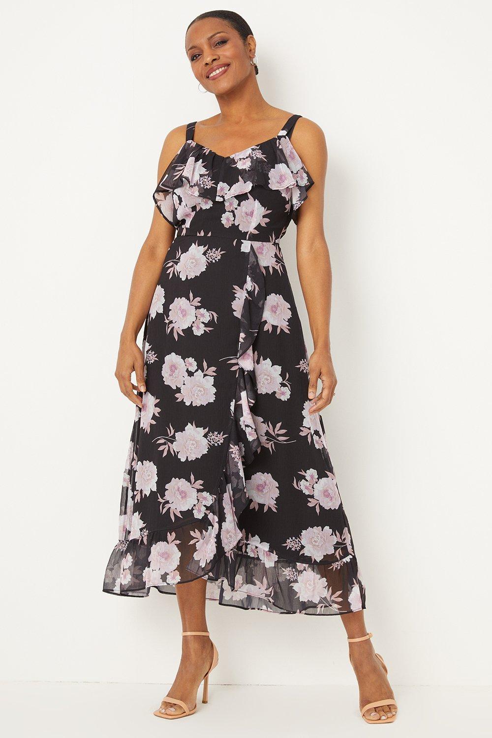 Black floral dress off best sale the shoulder