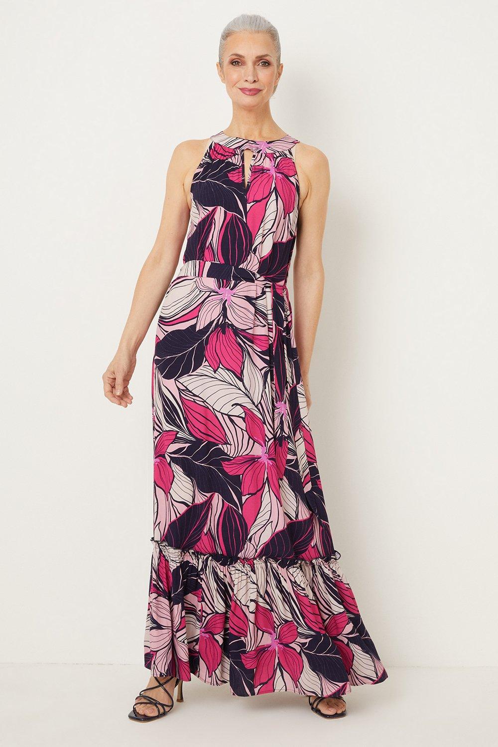 Womens Pink Leaf Print Maxi Dress