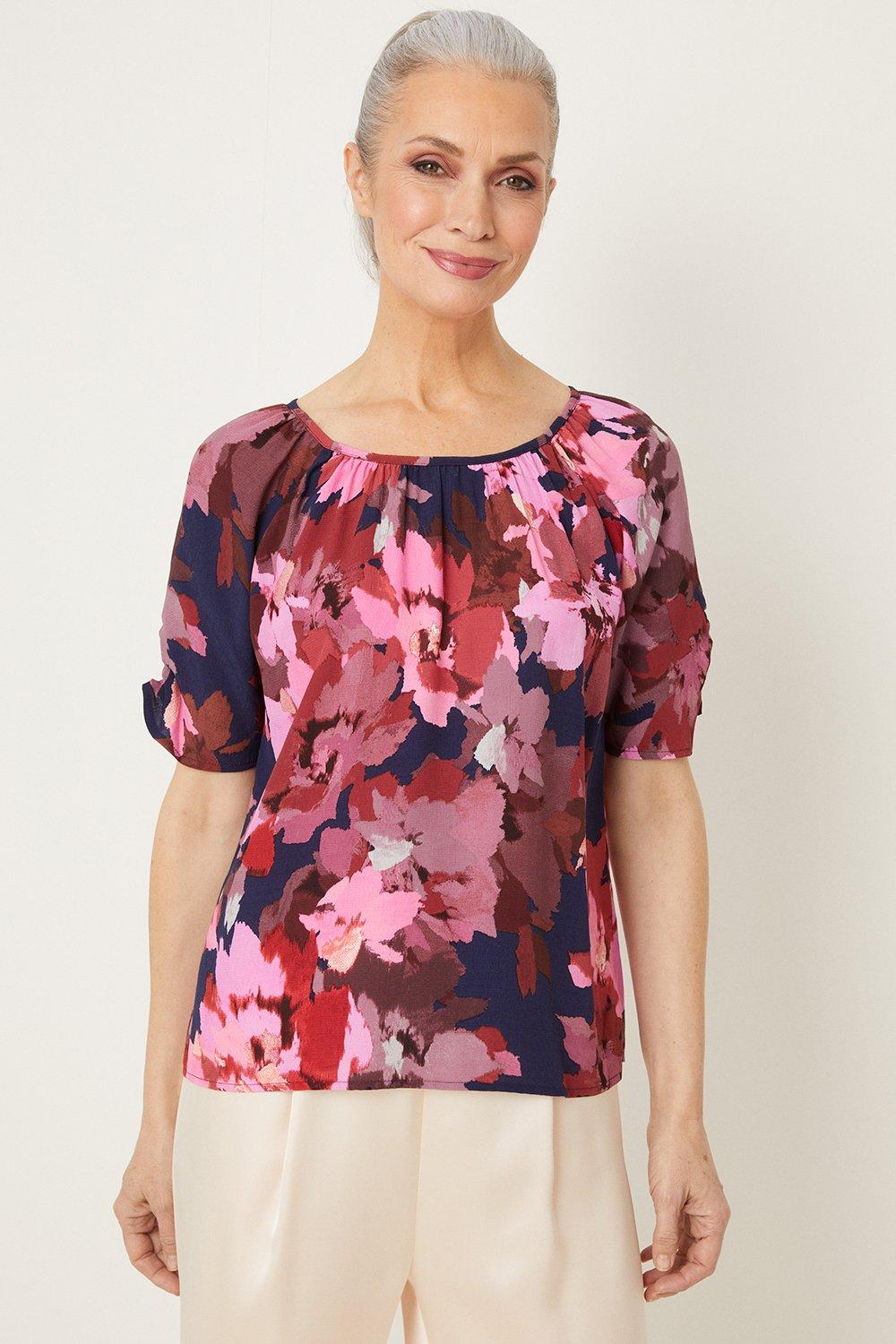 Womens Pink Floral Woven Shell Top