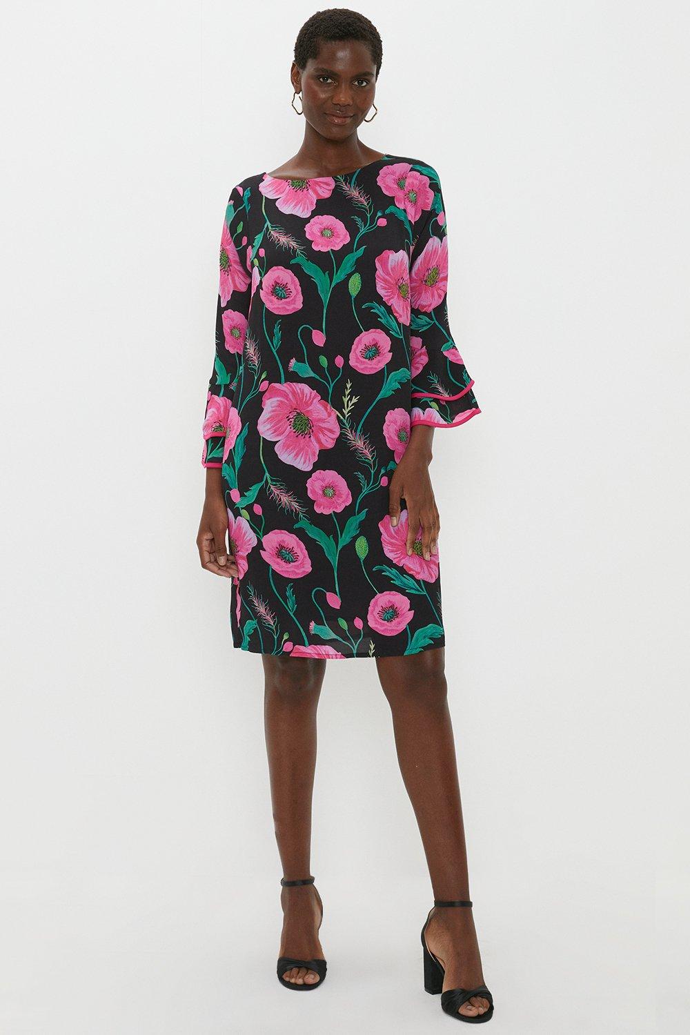Womens Poppy Print Ruffle Sleeve Shift Dress
