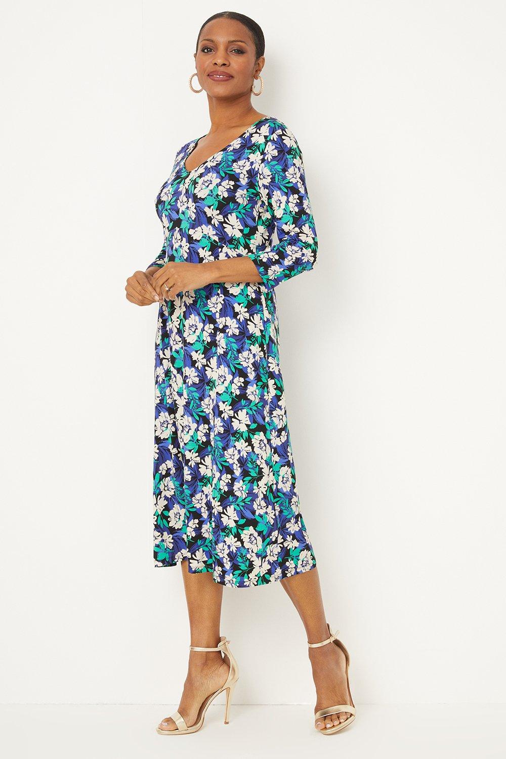 Dresses | Blue And Green Floral Jersey Split Hem Midi Dress | Wallis