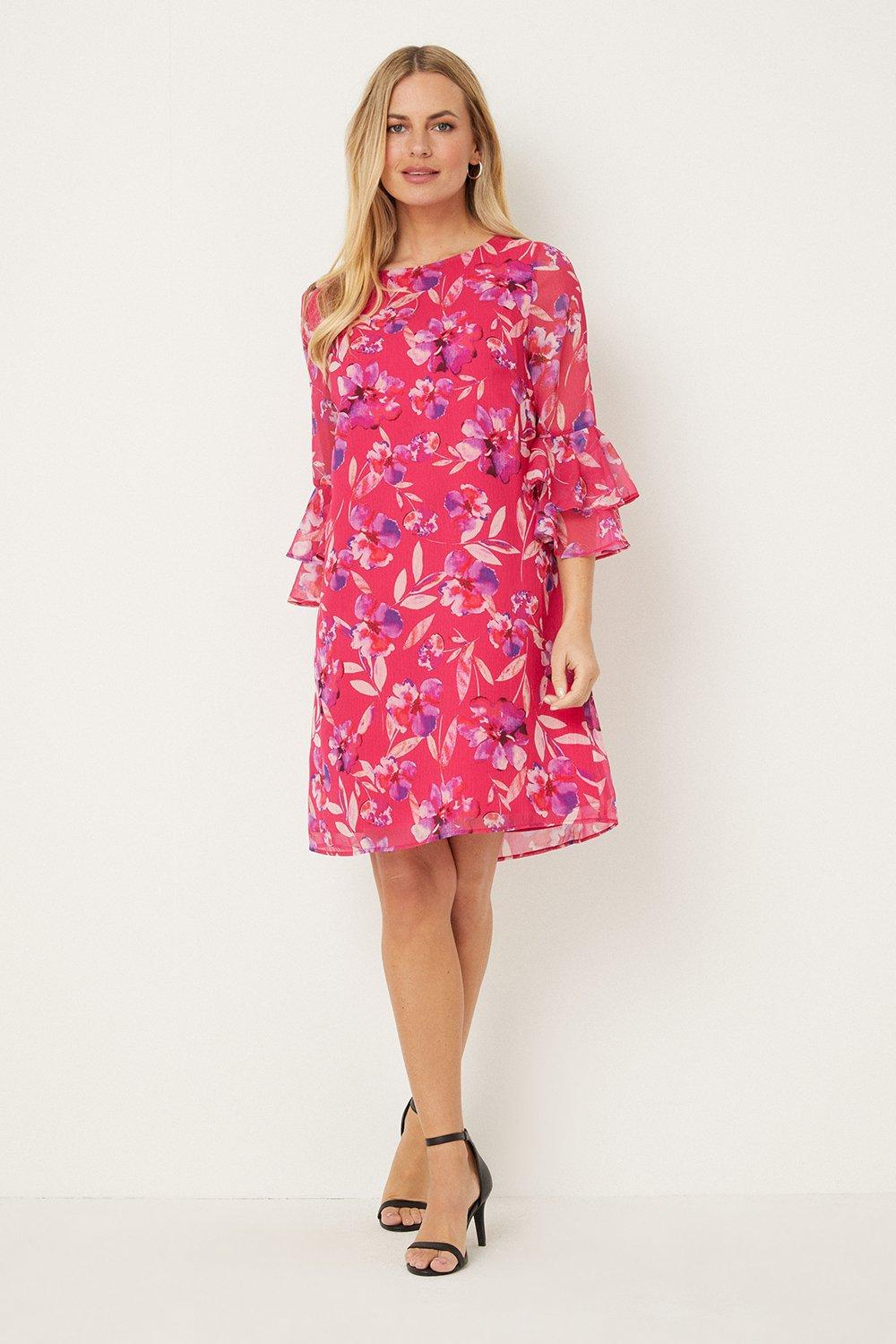 Dresses  Petite Pink Watercolour Floral Ruffle Sleeve Shift Dress