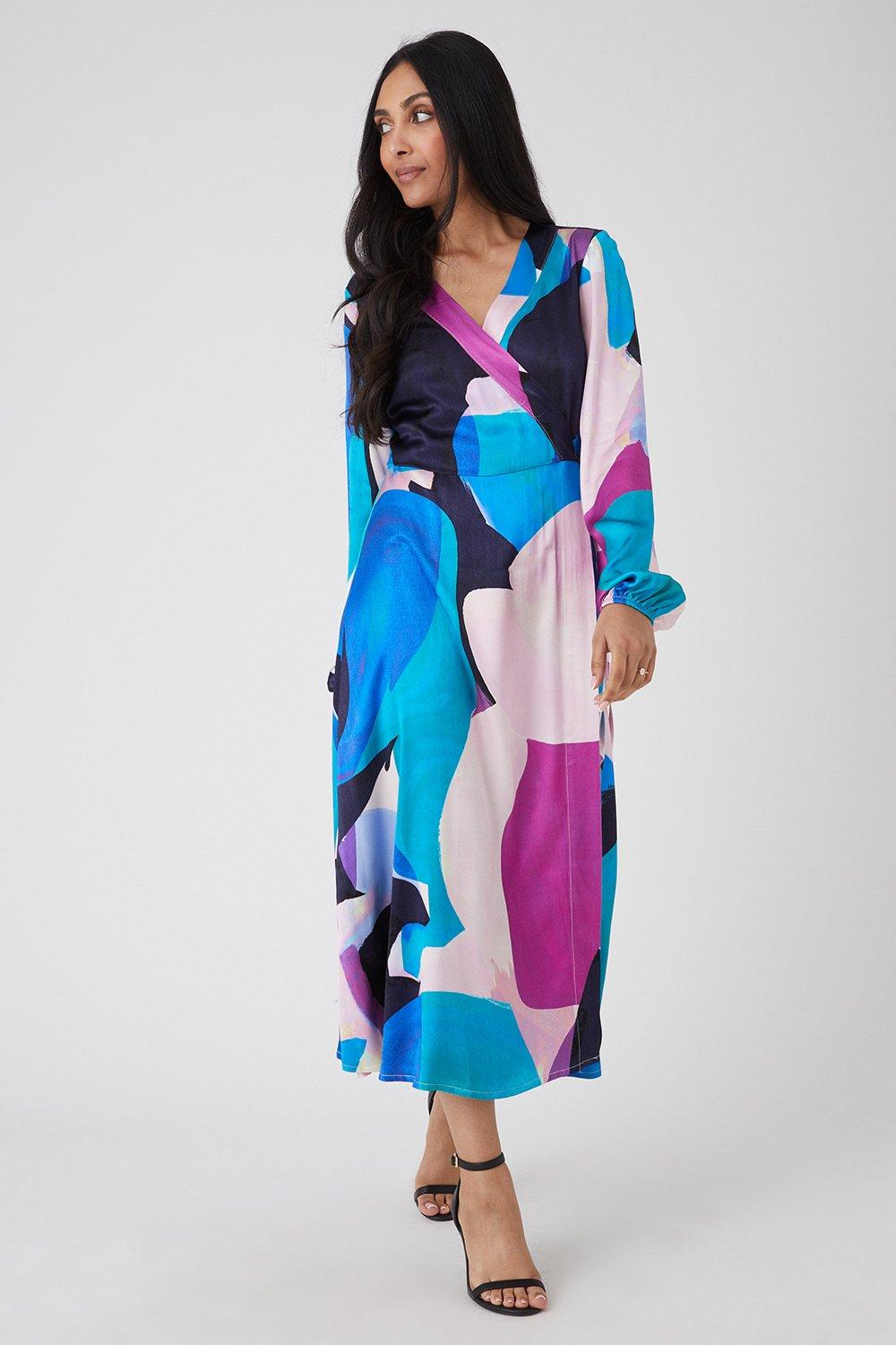 Womens Petite Abstract Satin Wrap Midi Dress