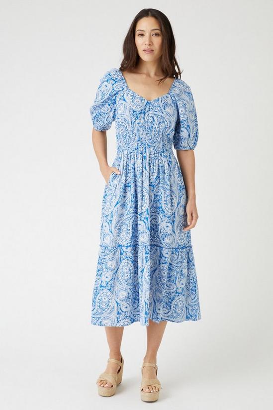 Wallis Paisley Print Linen Look Puff Sleeve Midi Dress 1