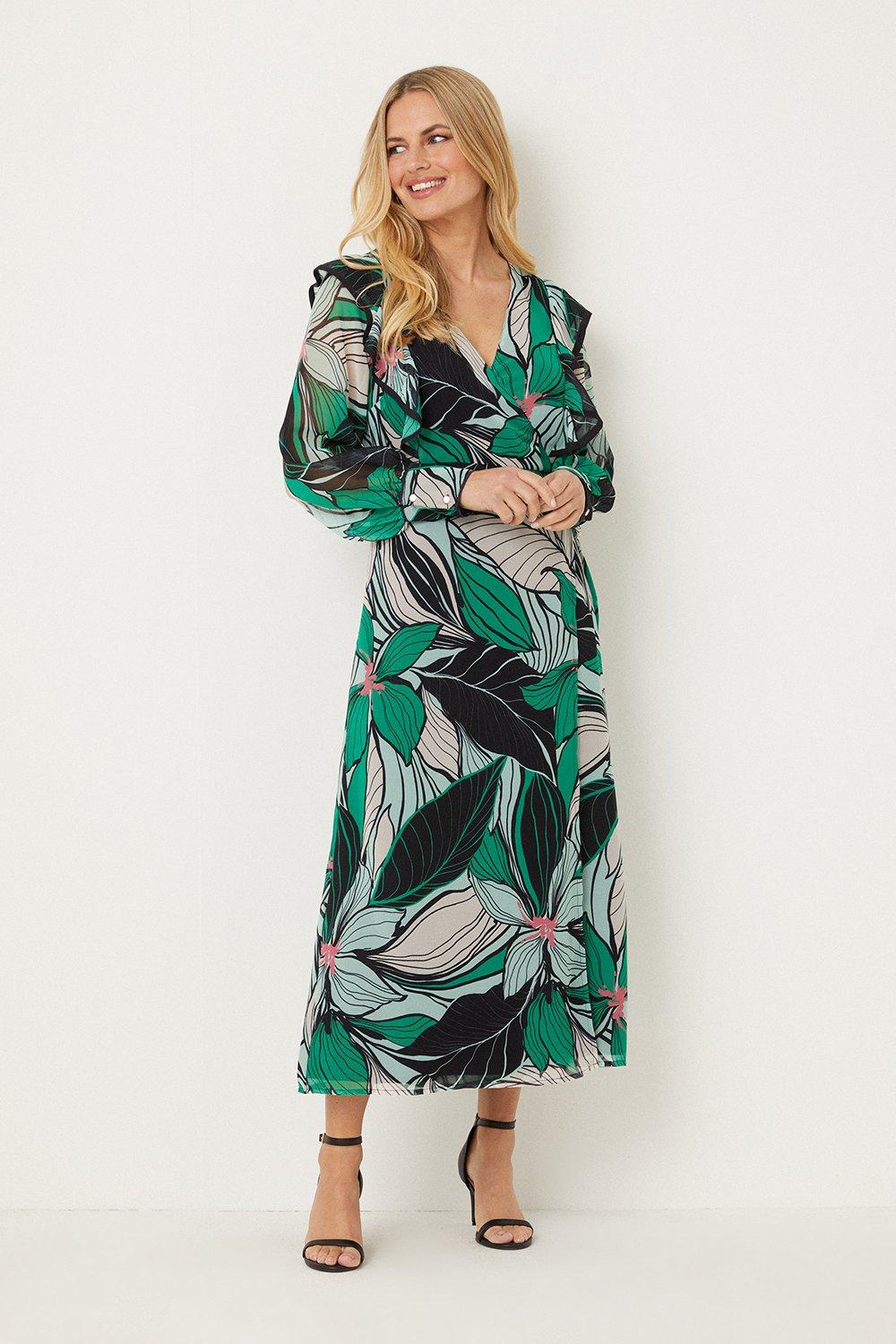 Womens Petite Green Floral Ruffle Front Wrap Midi Dress