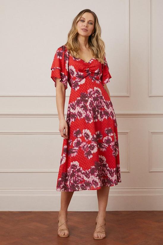 Wallis Jacquard Spot Floral Ruffle Sleeve Midi Dress 1