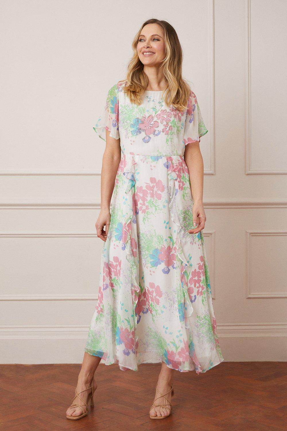 Womens Embellished Floral Ruffle Maxi Dress