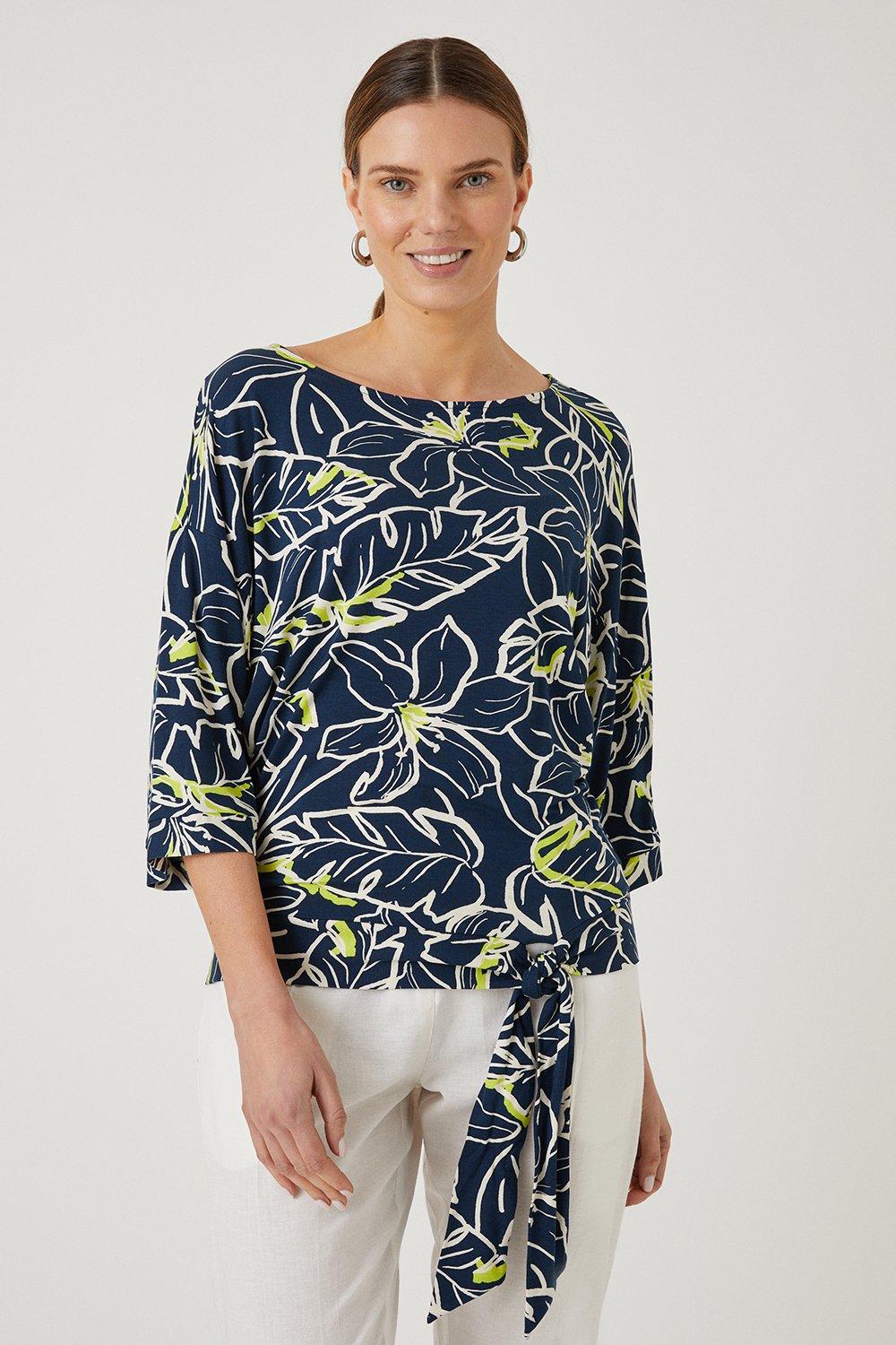 Womens Navy Floral Tie Front Jersey Top
