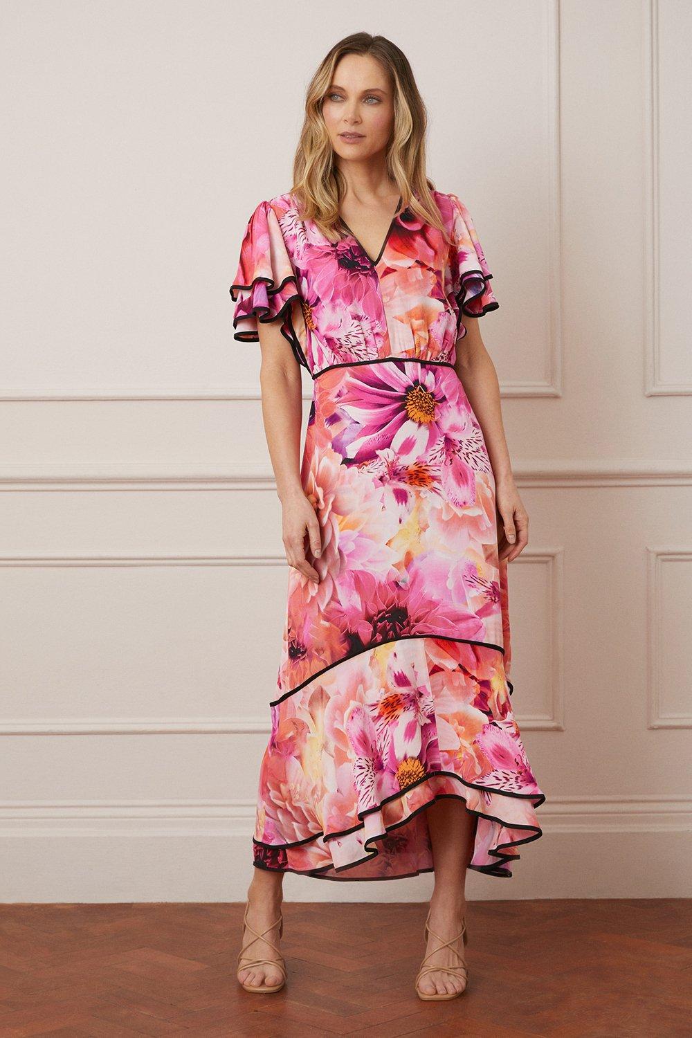 Womens Digital Floral Contrast Binding Midi Dress