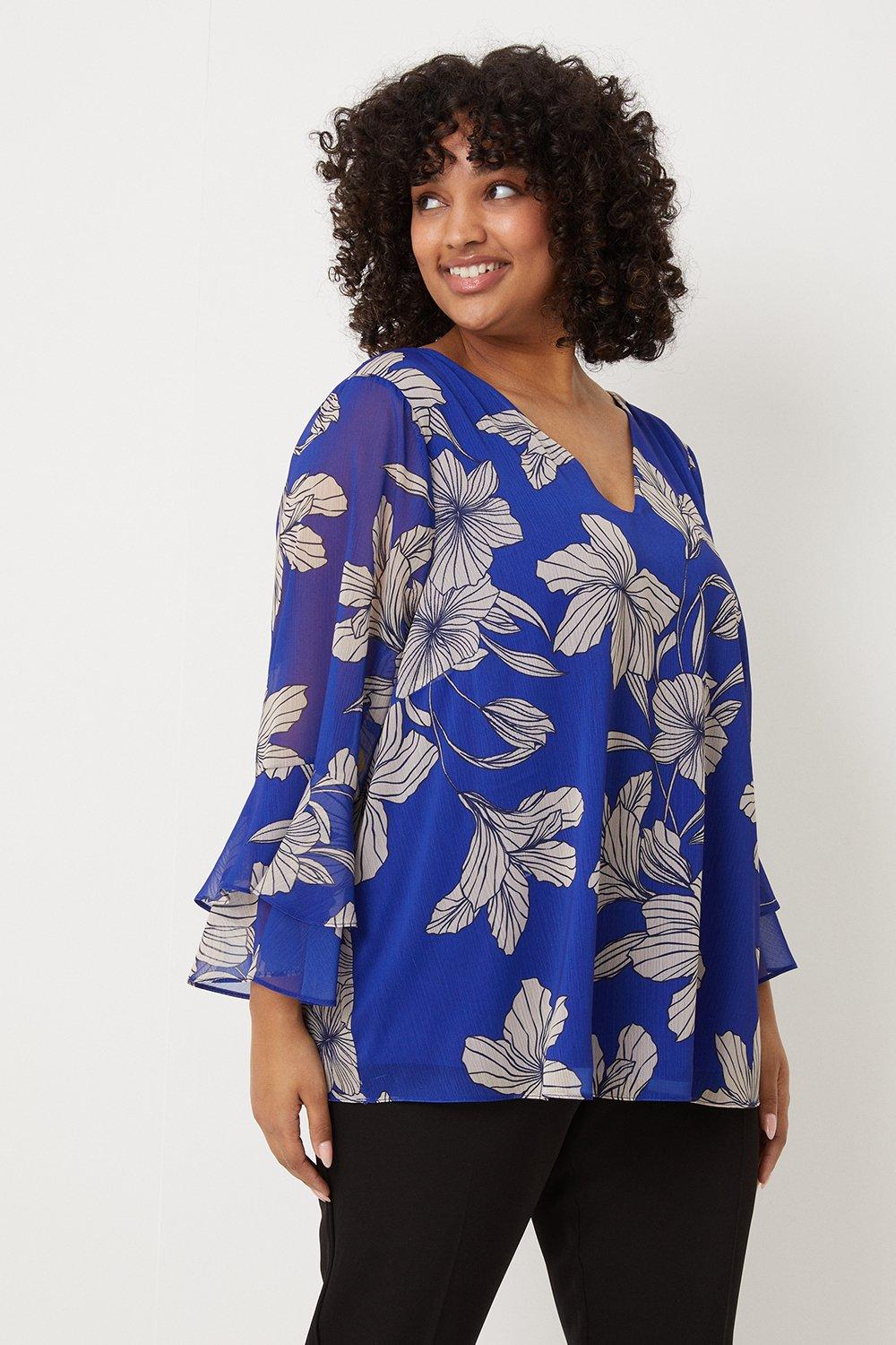 Womens Curve Blue Floral Flute Sleeve Top