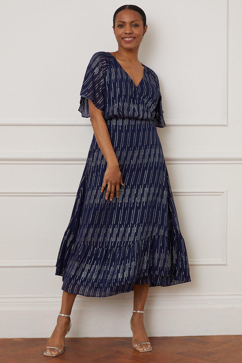 Womens Tall Glitter Stripe Tiered Ruffle Wrap Midi Dress