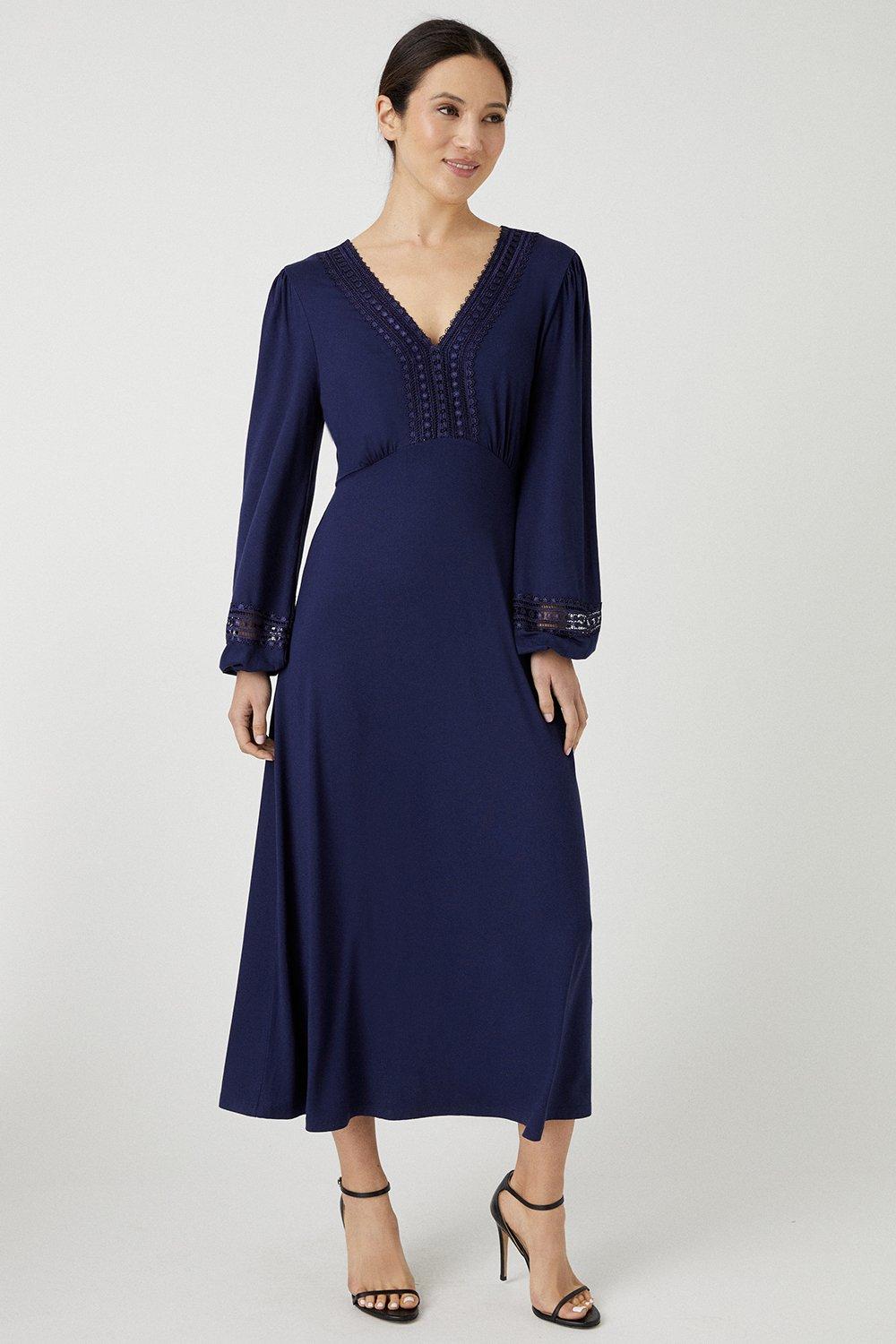 Womens Tall Navy Lace Detail Jersey Midi Dress