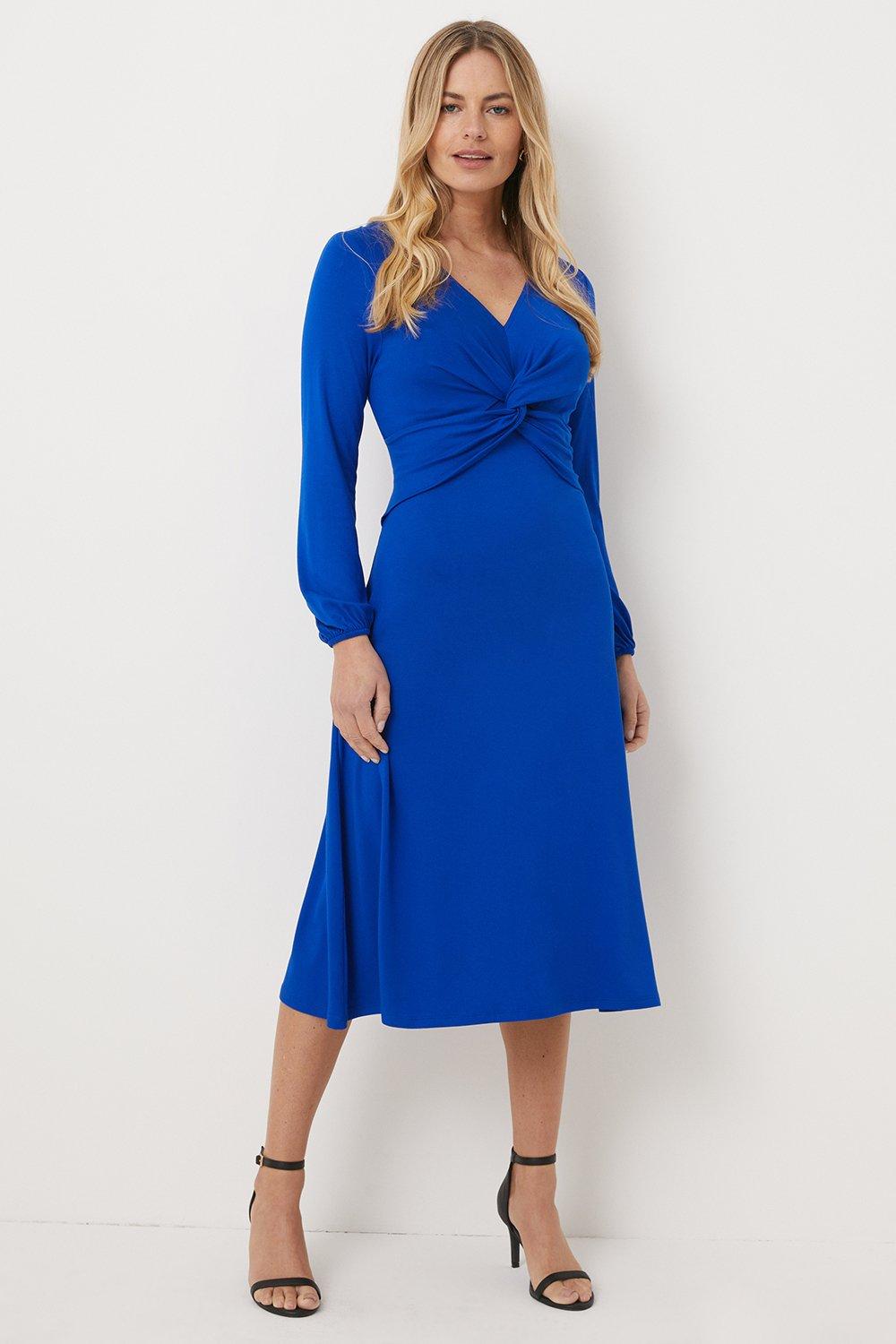 Womens Petite Cobalt Twist Front Jersey Midi Dress
