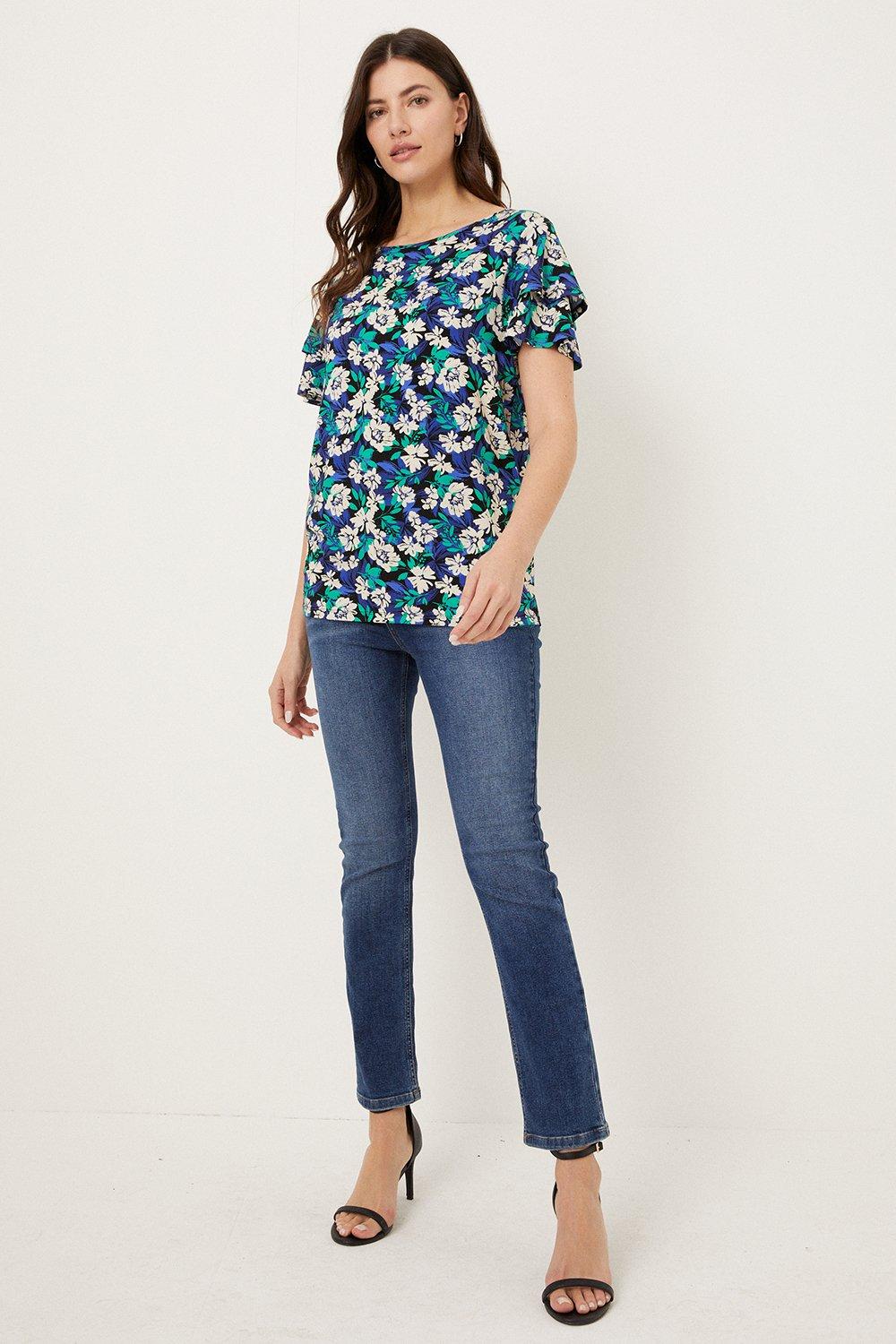 Womens Tall Floral Double Ruffle Sleeve Jersey Tee