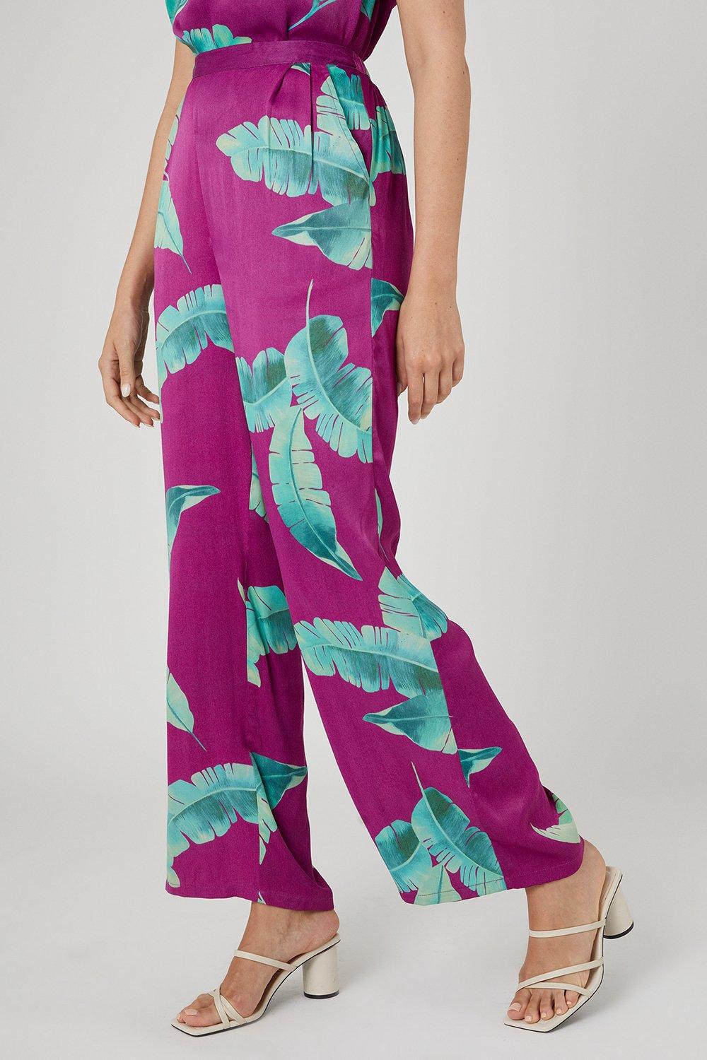 Womens Feather Print Satin Wide Leg Trousers