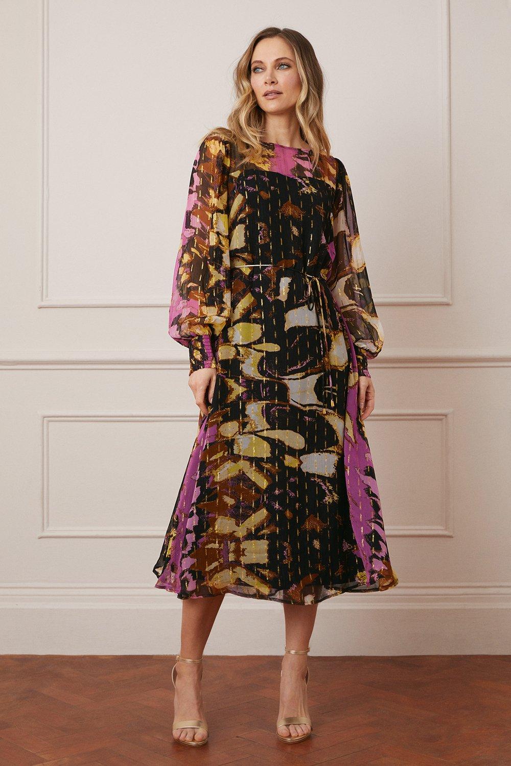 Womens Abstract Print Glitter Spot Belted Midi Dress