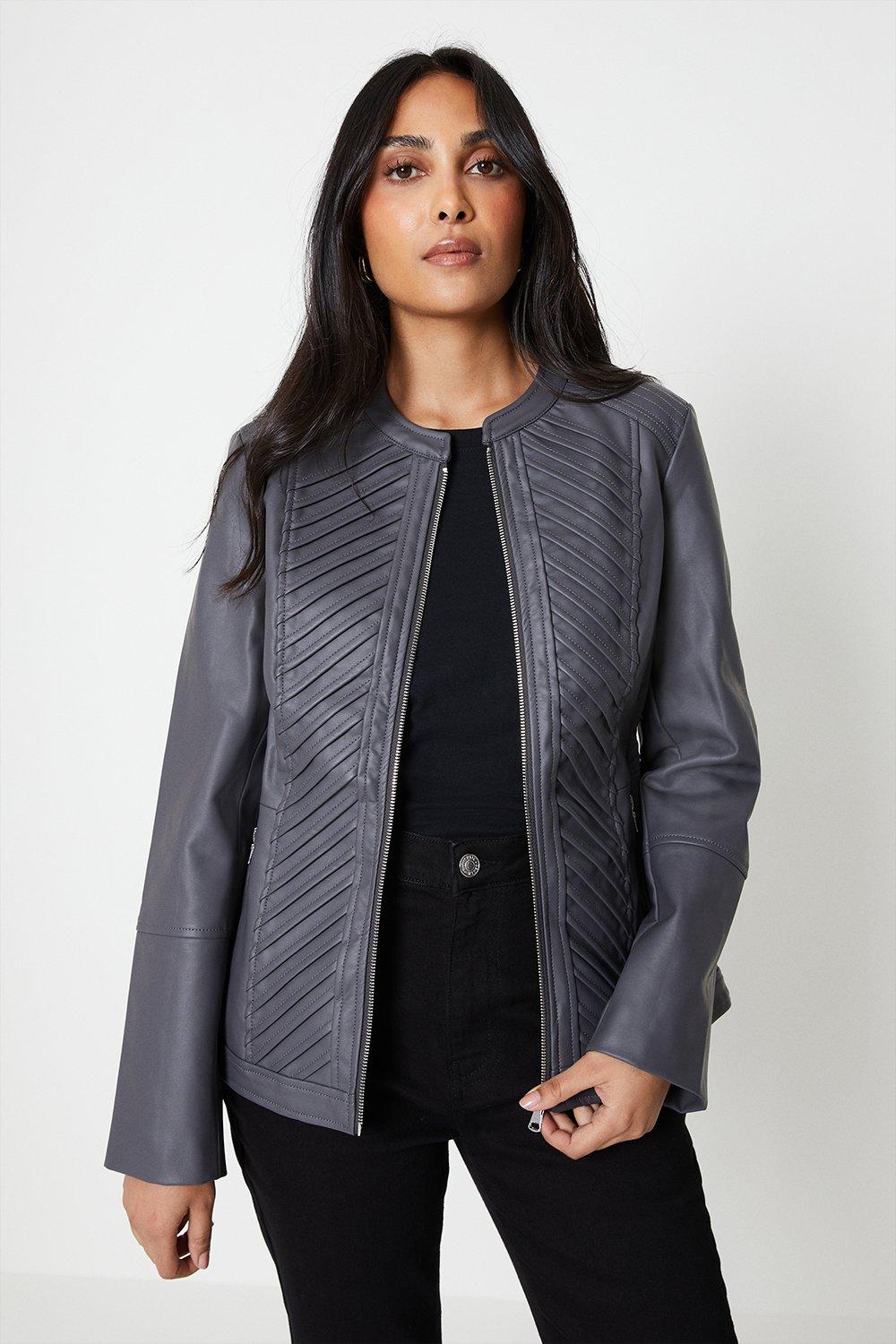Womens Petite Dark Grey Faux Leather Pleat Detail Jacket