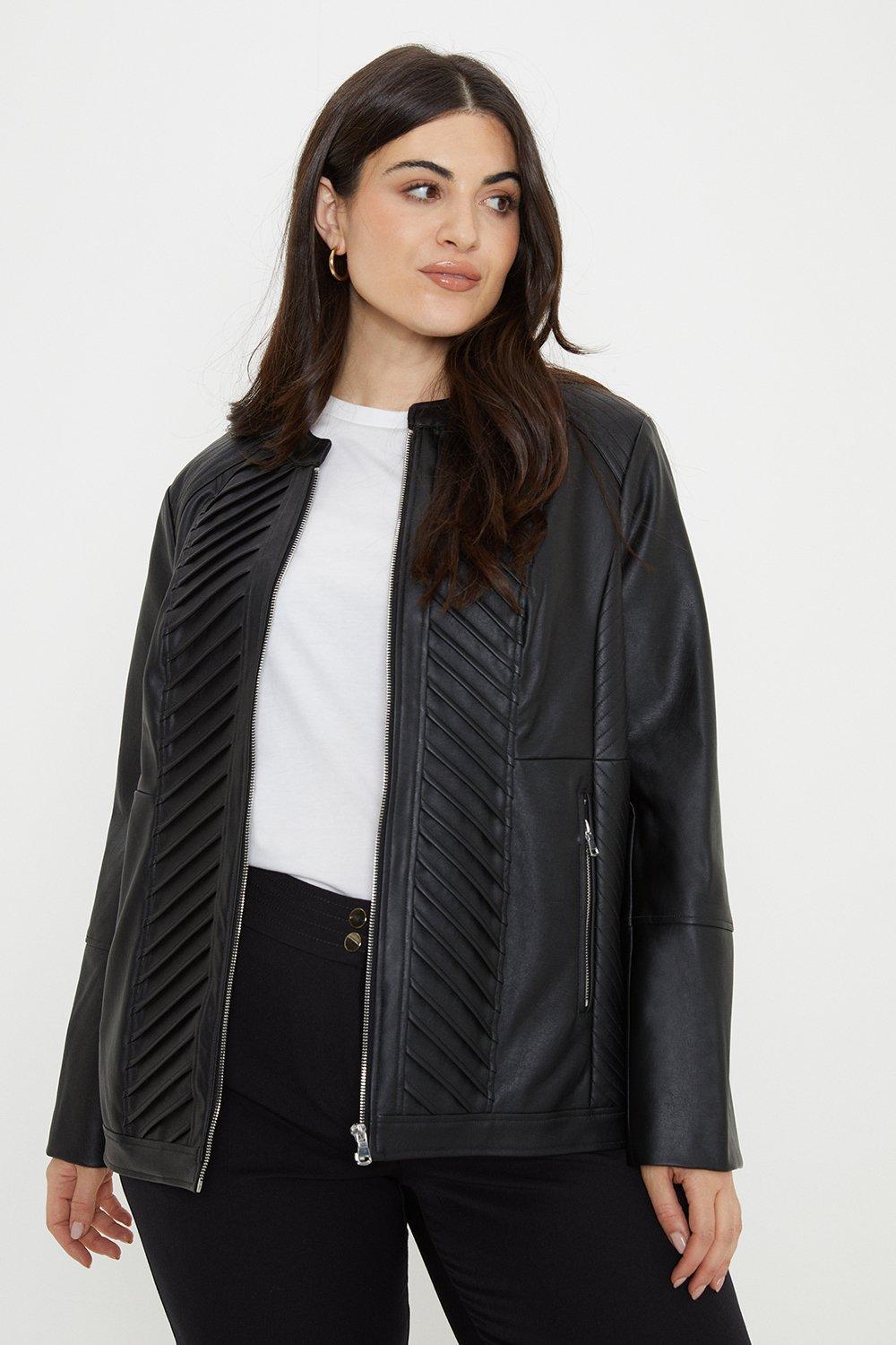 Womens Curve Black Faux Leather Pleat Detail Jacket
