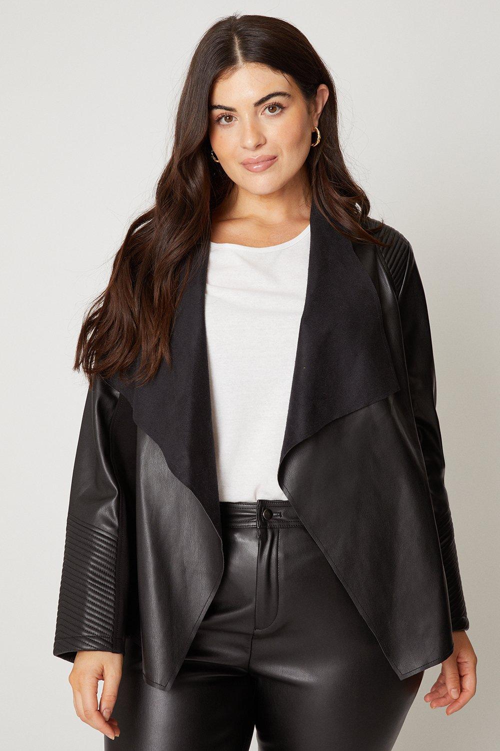 Womens Curve Black Faux Leather Waterfall Jacket