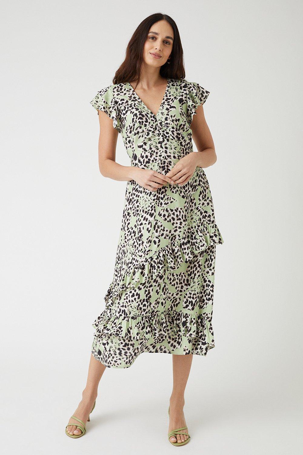 Womens Abstract Soft Floral Midi Frill Detail Dress