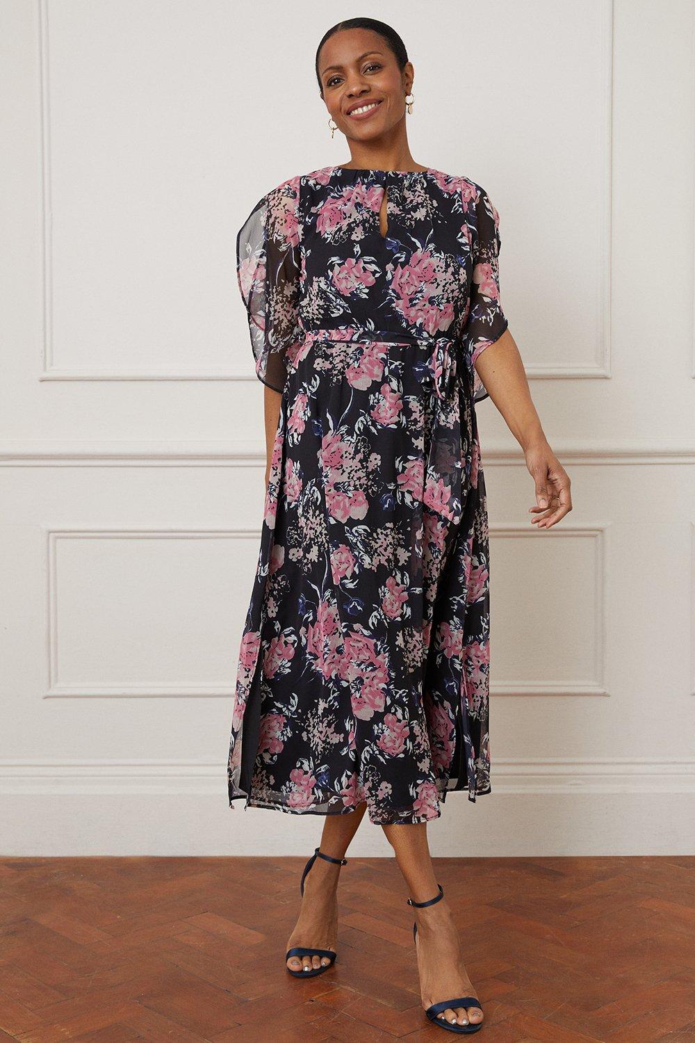 Womens Floral Metallic Spot Split Sleeve Midi Dress
