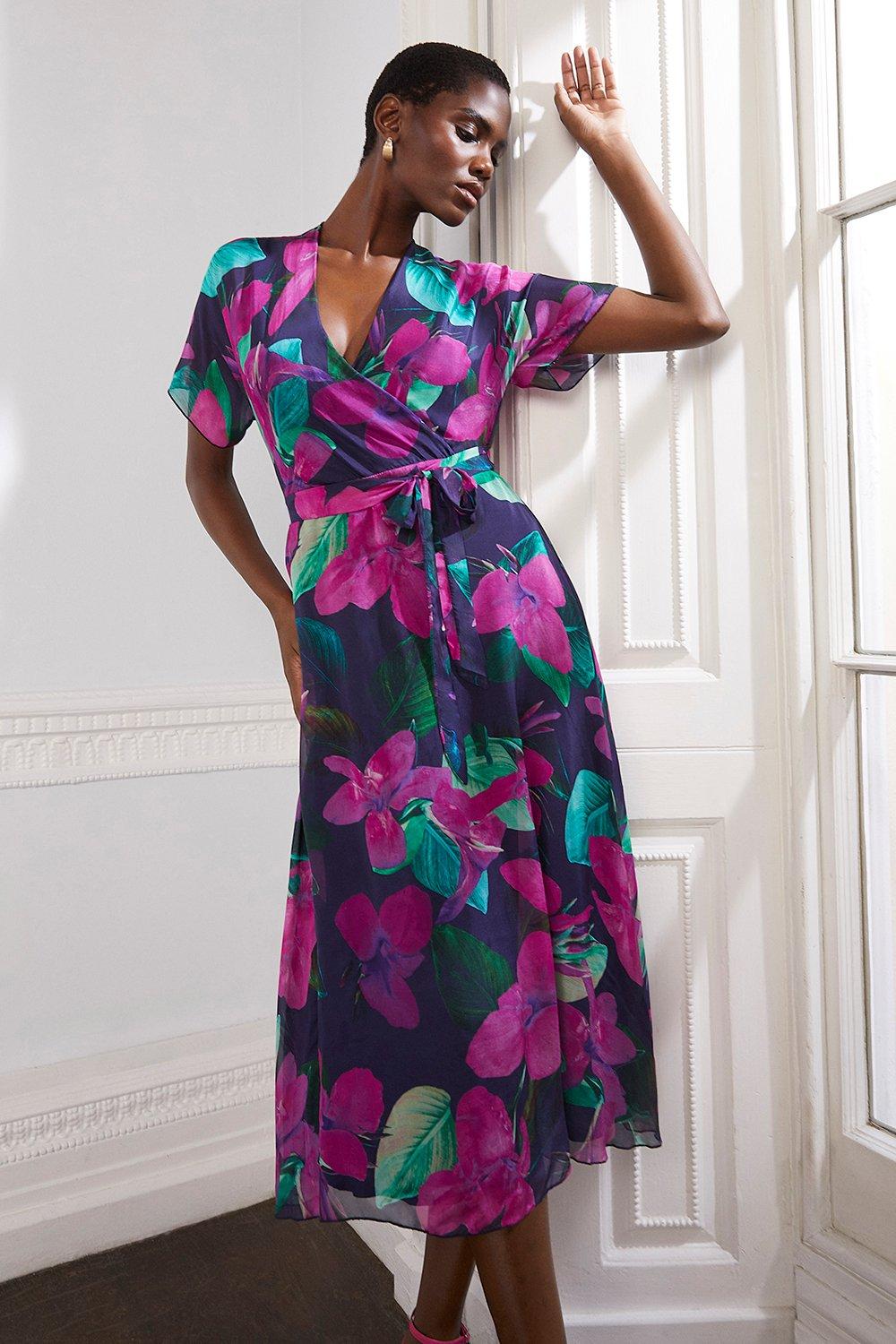 Womens Floral Silk Mix Wrap Midi Dress