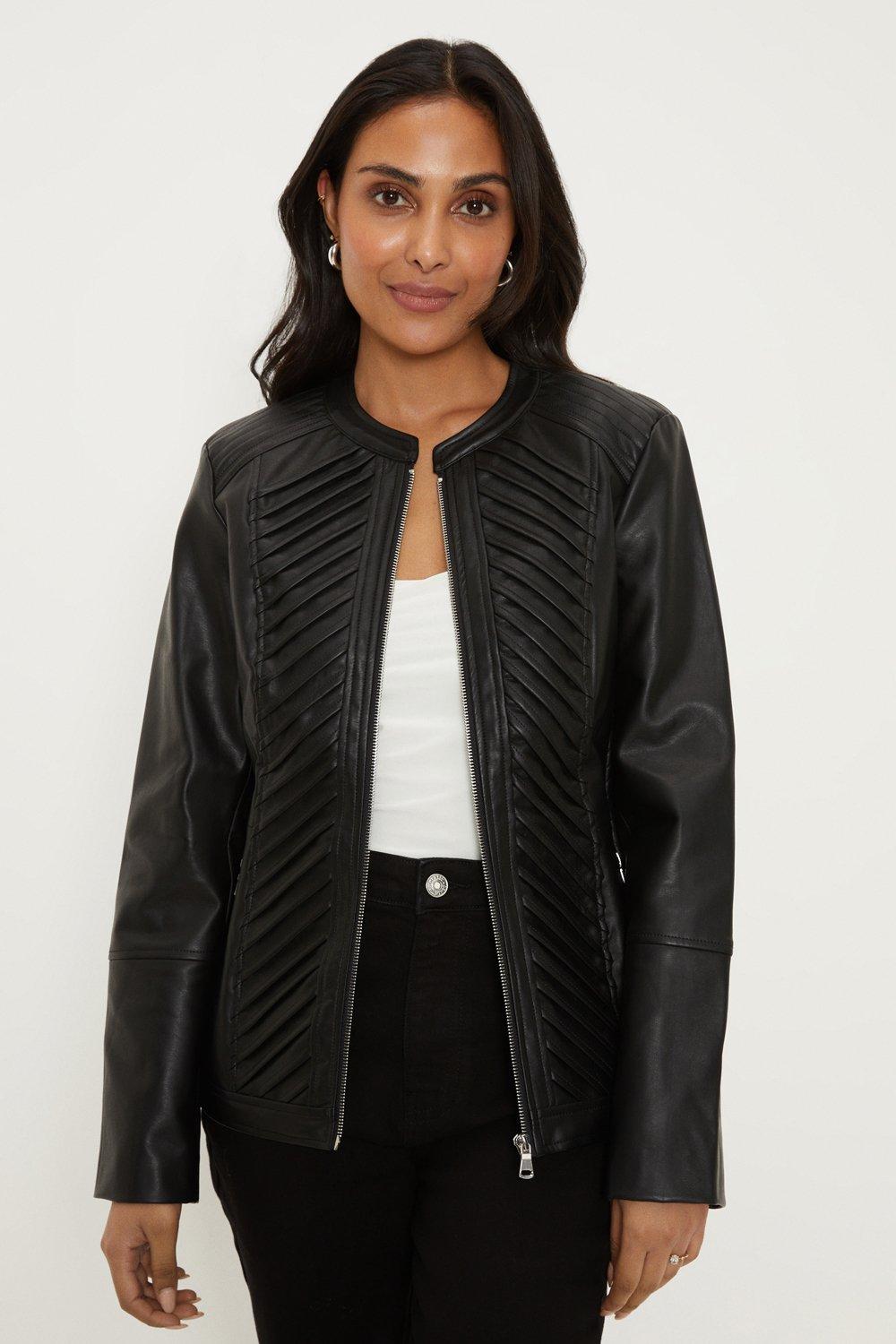 Womens Petite Black Faux Leather Pleat Detail Jacket
