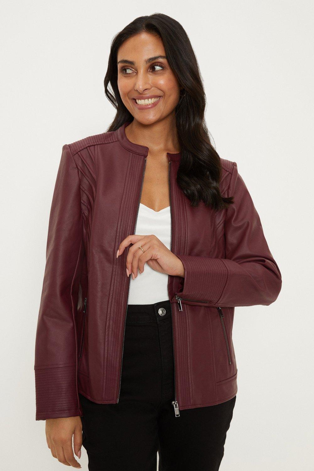 Womens Petite Berry Faux Leather Seam Detail Jacket