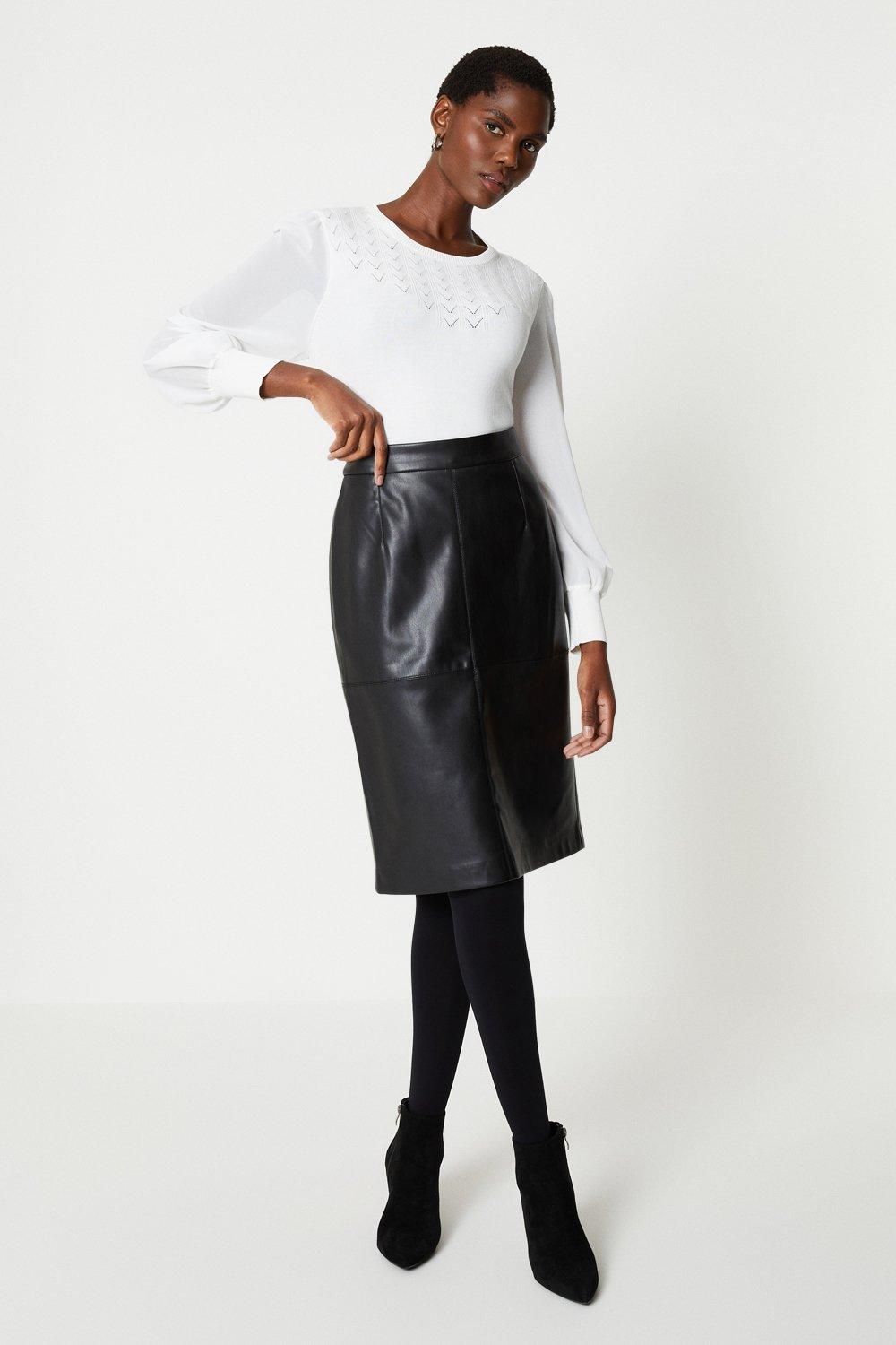 Womens Black Faux Leather Pencil Skirt