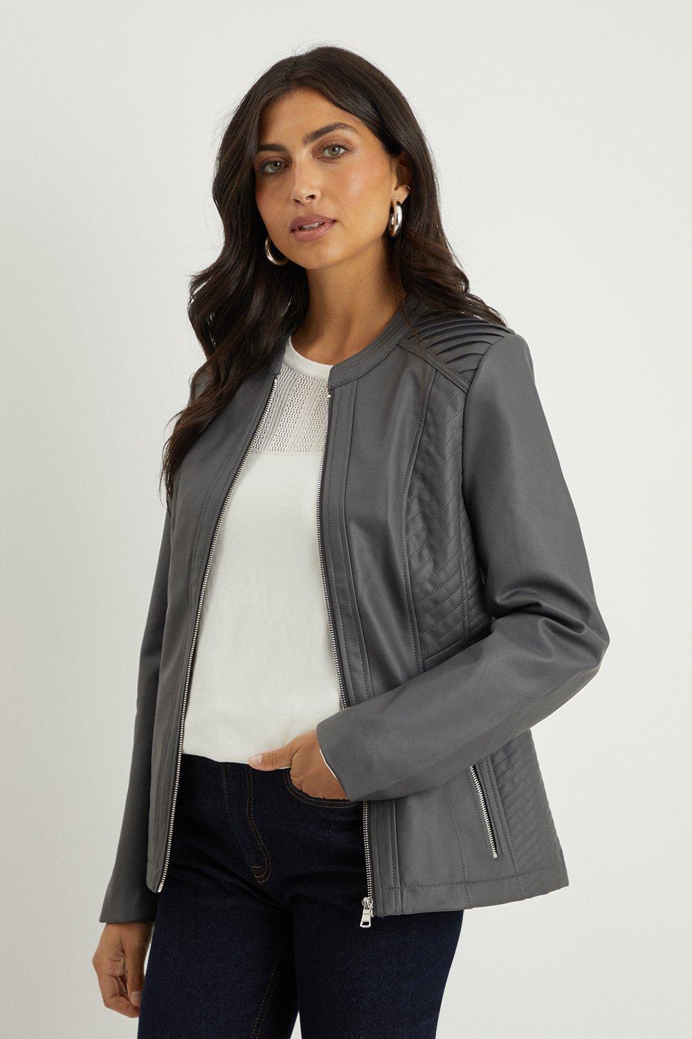Womens Dark Grey Faux Leather Stitch Detail Jacket