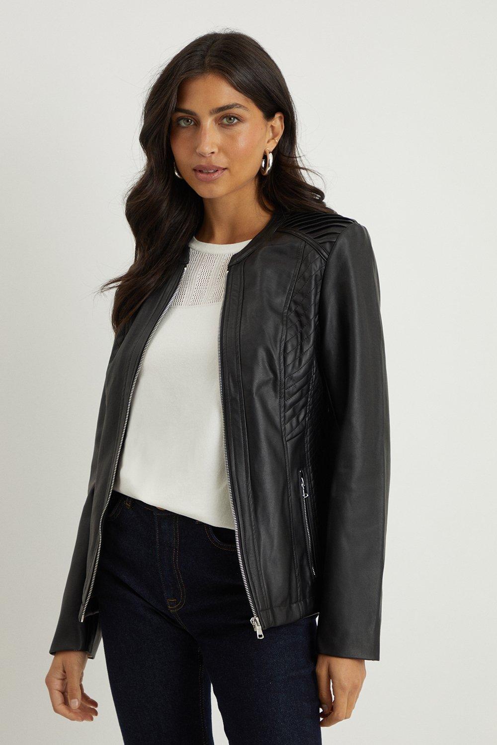 Womens Black Faux Leather Stitch Detail Jacket