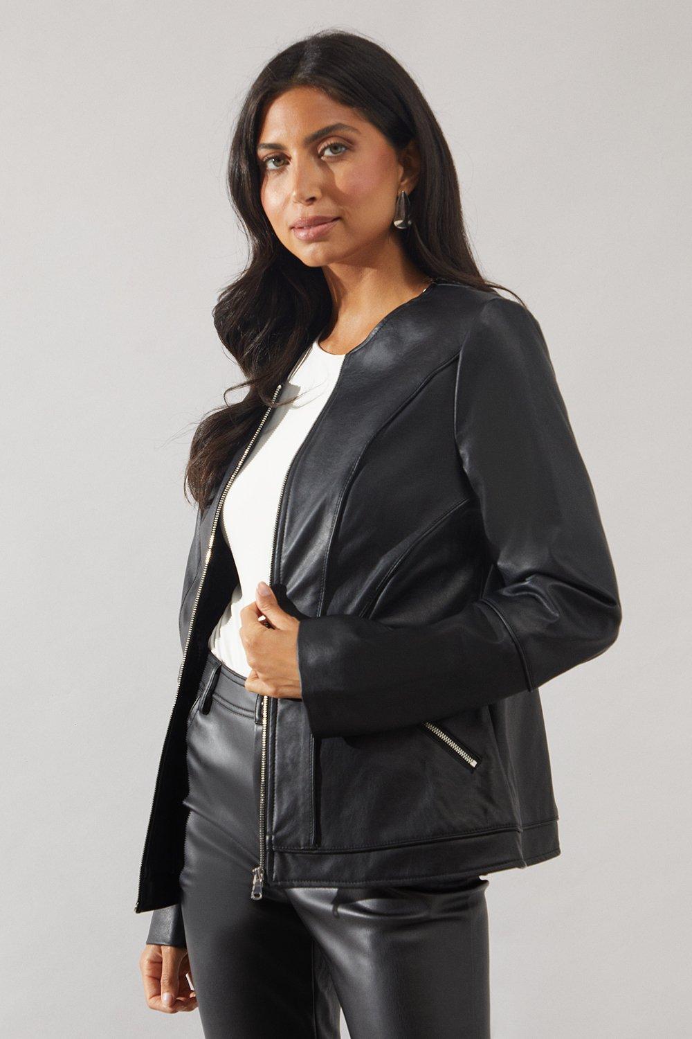 Oasis collarless faux leather on sale jacket