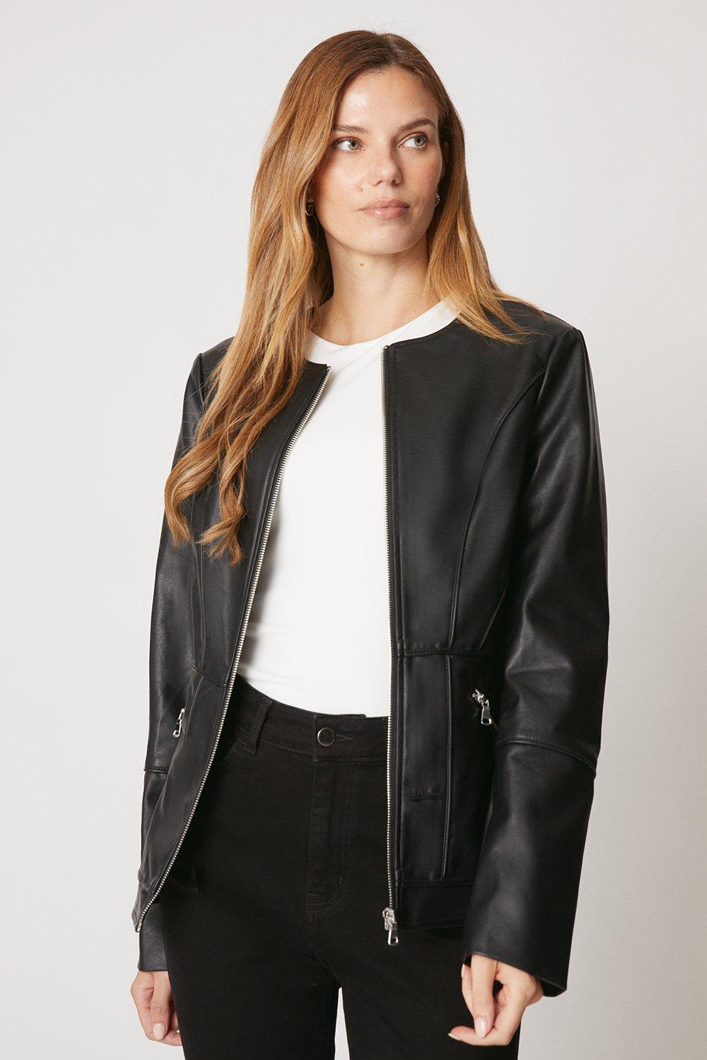 Womens Black Faux Leather Collarless Seam Detail Jacket