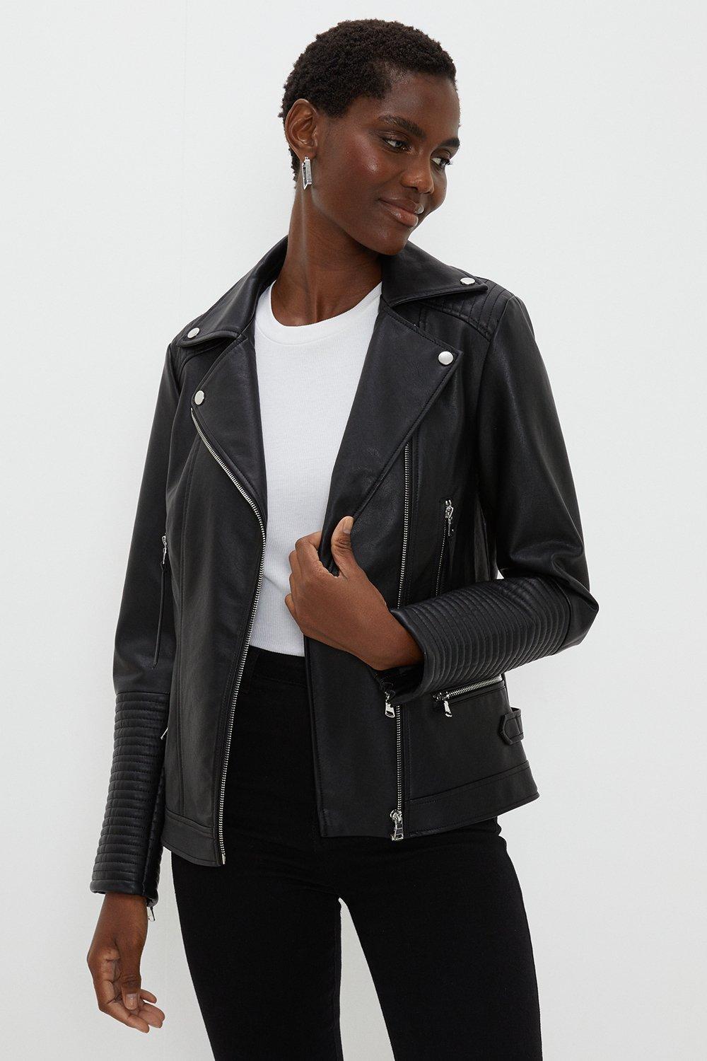Womens Black Faux Leather Tab Detail Biker Jacket
