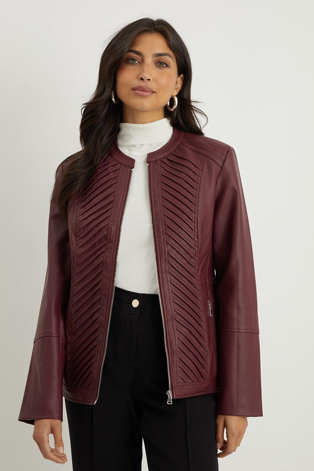 Womens Berry Faux Leather Pleat Detail Jacket