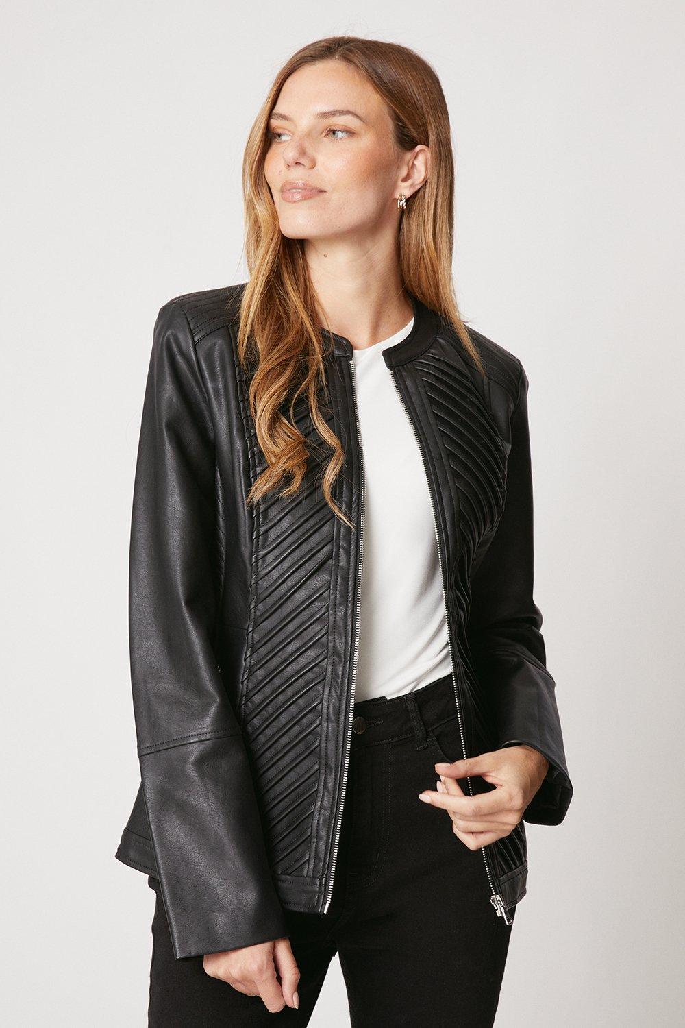 Womens Black Faux Leather Pleat Detail Jacket