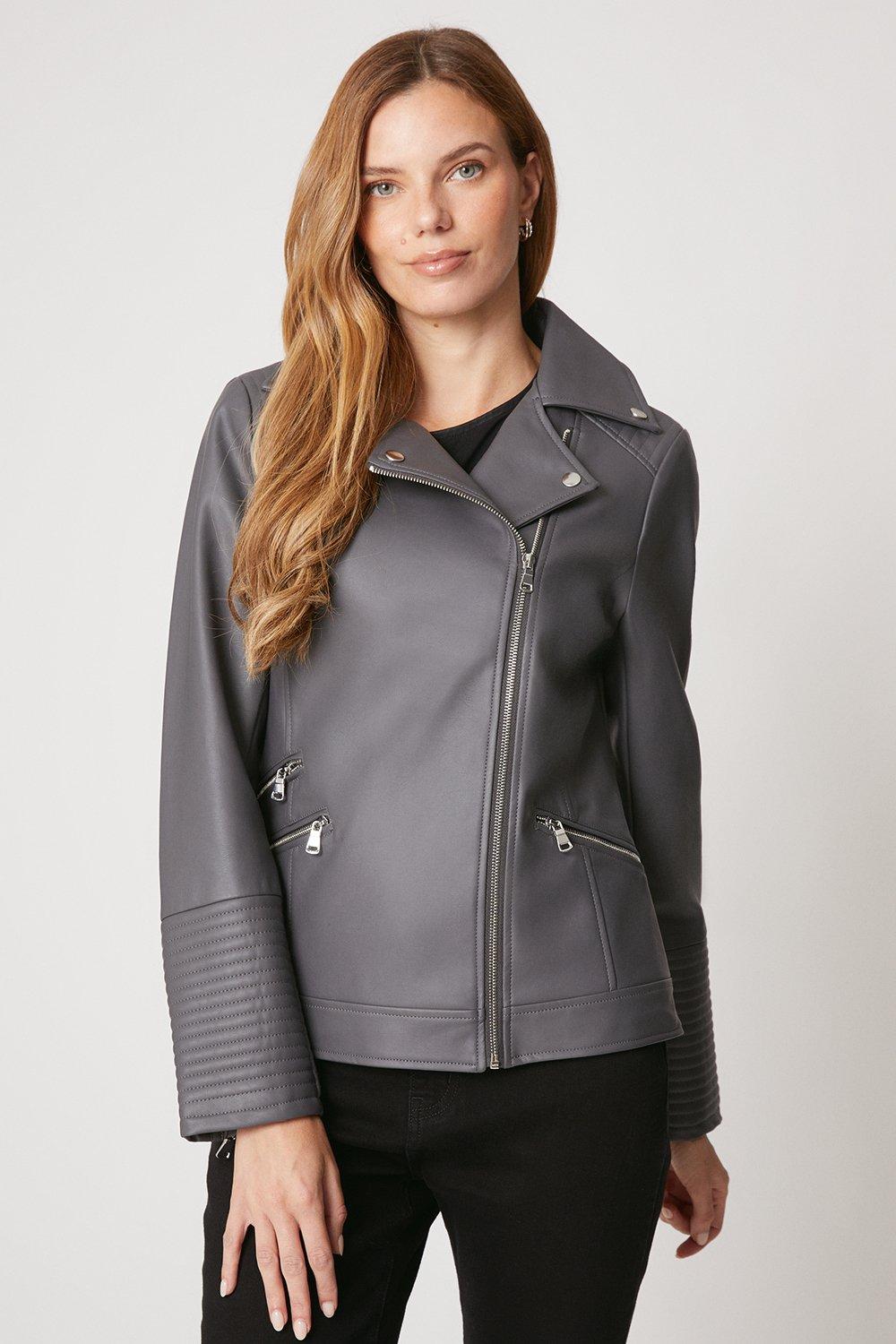 Womens Dark Grey Faux Leather Biker Jacket