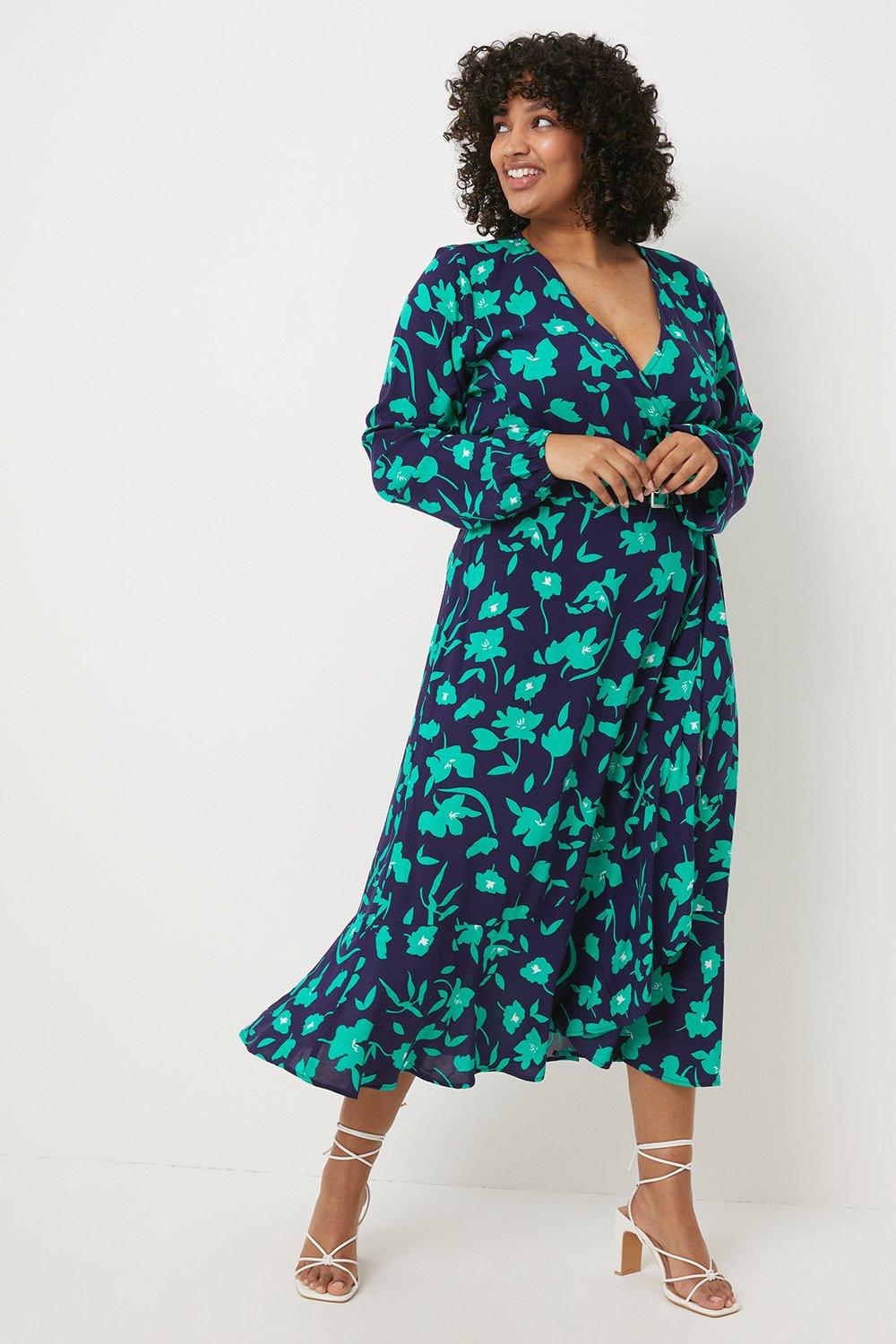 Womens Curve Green Stencil Floral Belted Midi Wrap Dress