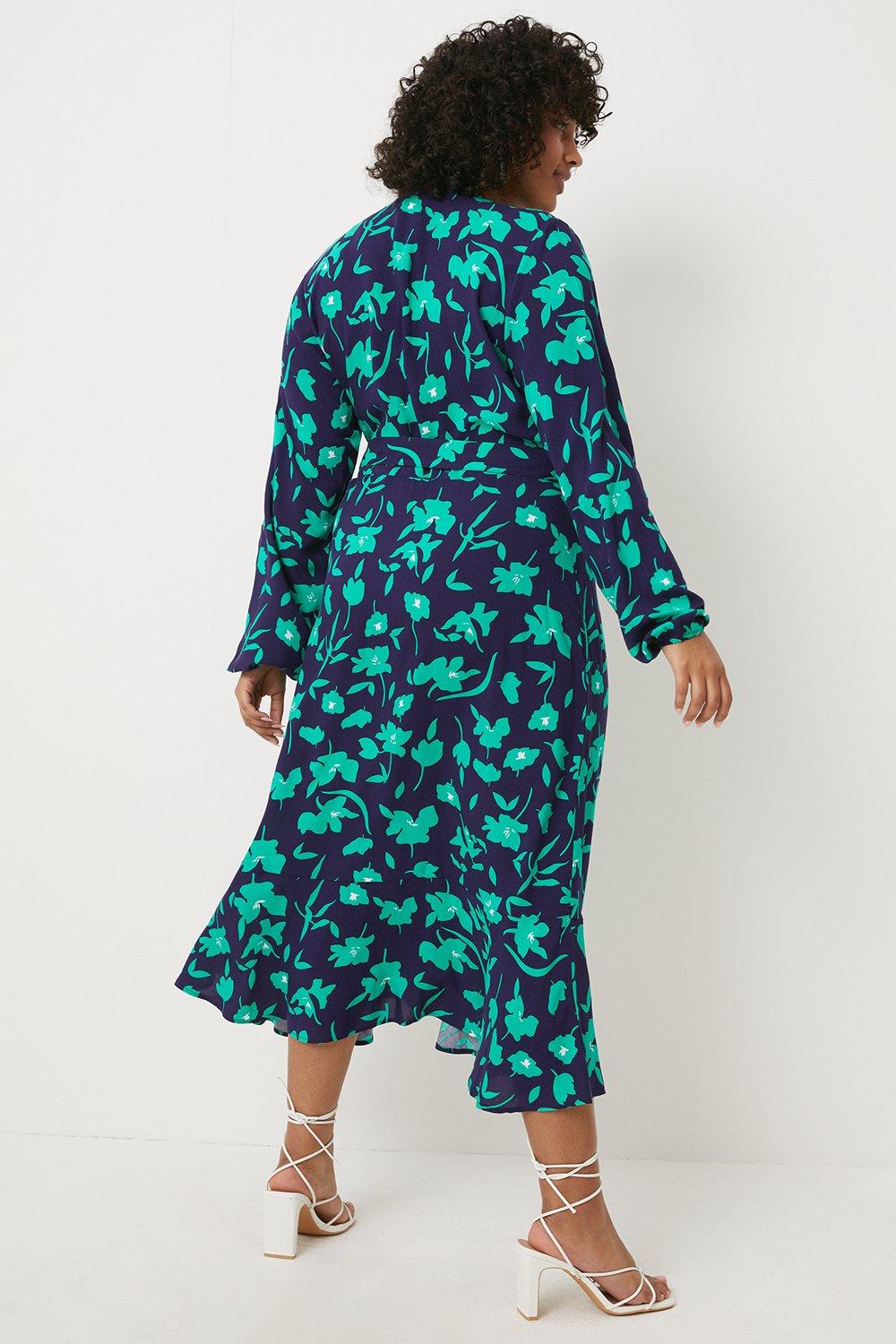 Green & Navy Leopard Print Midi Wrap Dress