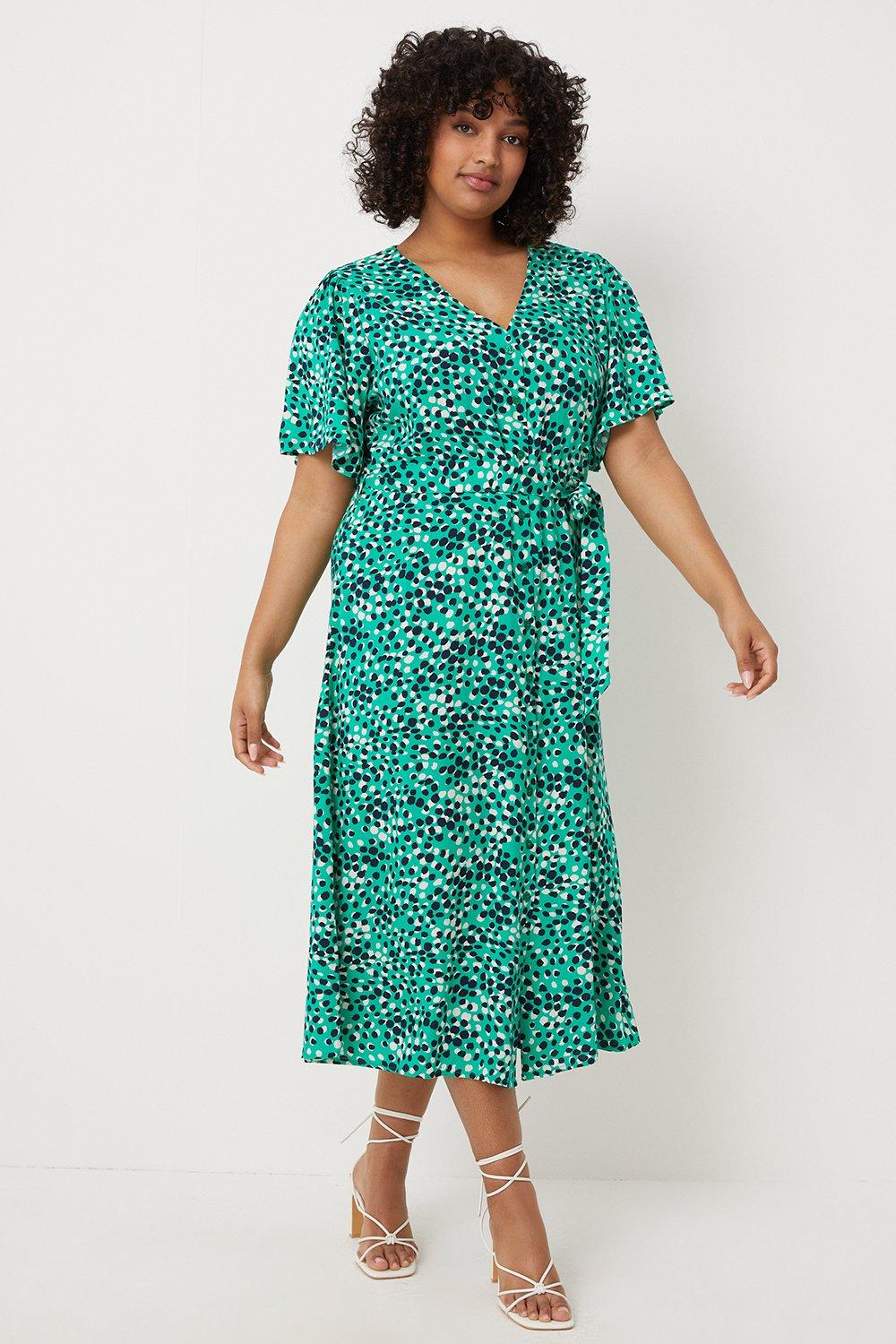 Womens Curve Green Polka Dot Button Through Midi Dress