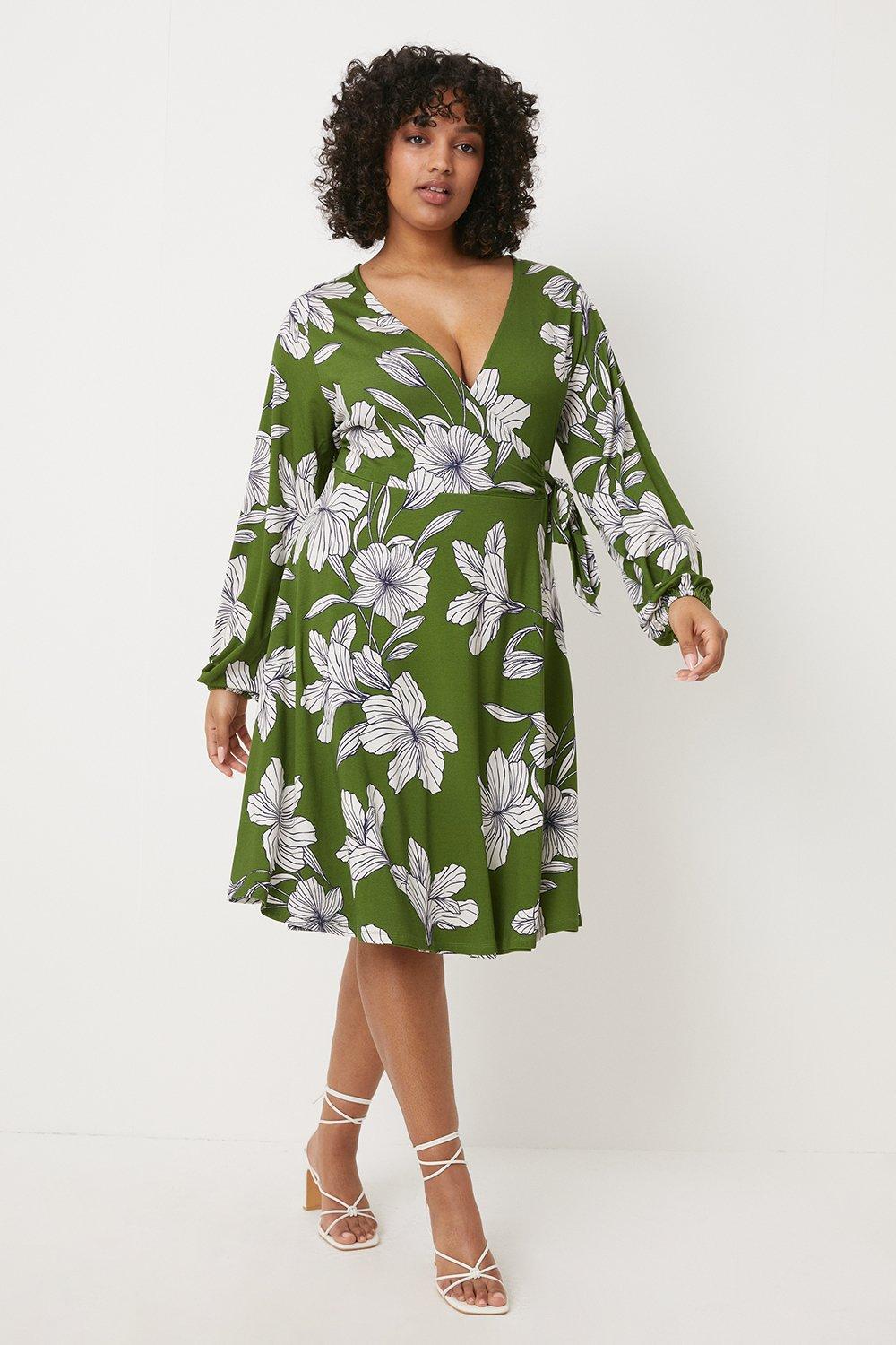 Womens Curve Green Floral Jersey Wrap Midi Dress
