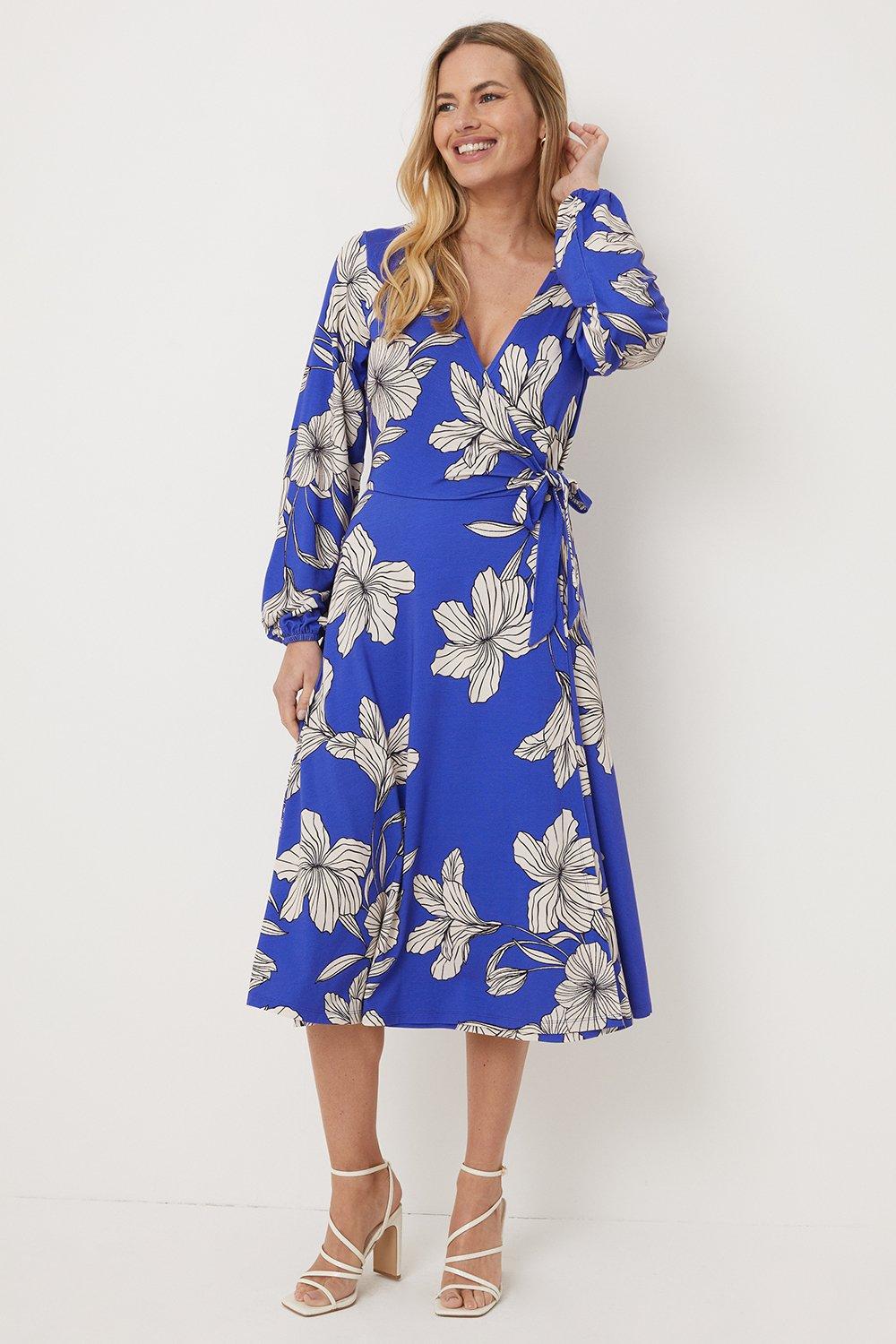 Womens Petite Cobalt Floral Jersey Wrap Midi Dress