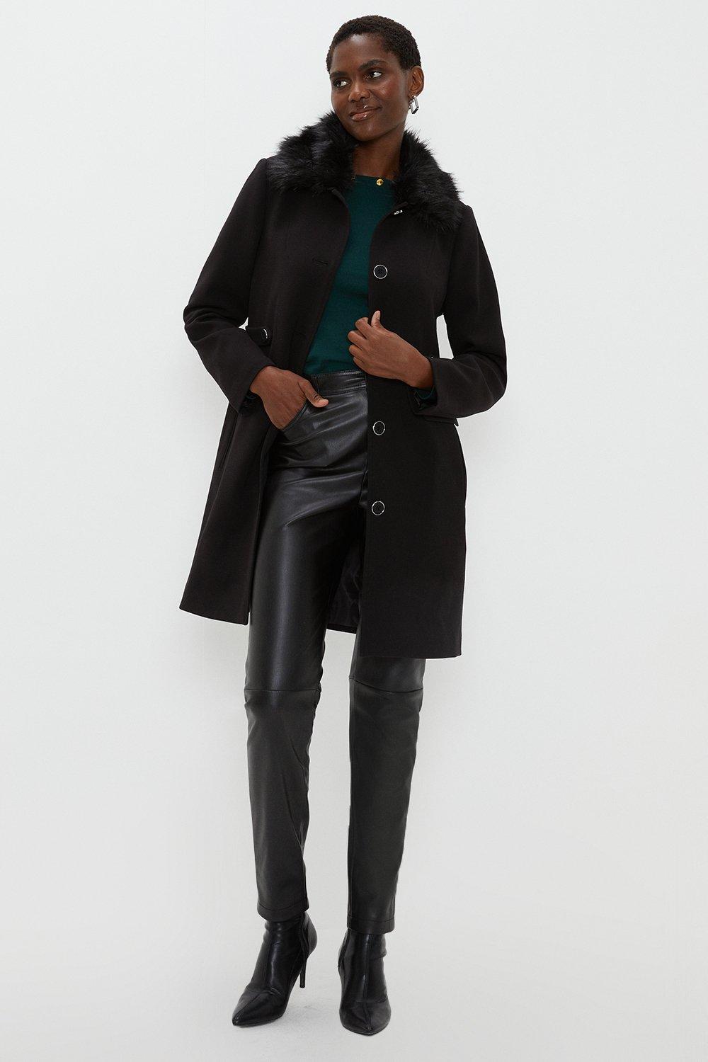 Womens Black Faux Fur Collar Button Detail Pea Coat