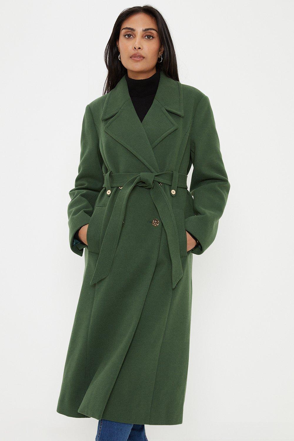 Womens Petite Twill Belted Wrap Coat