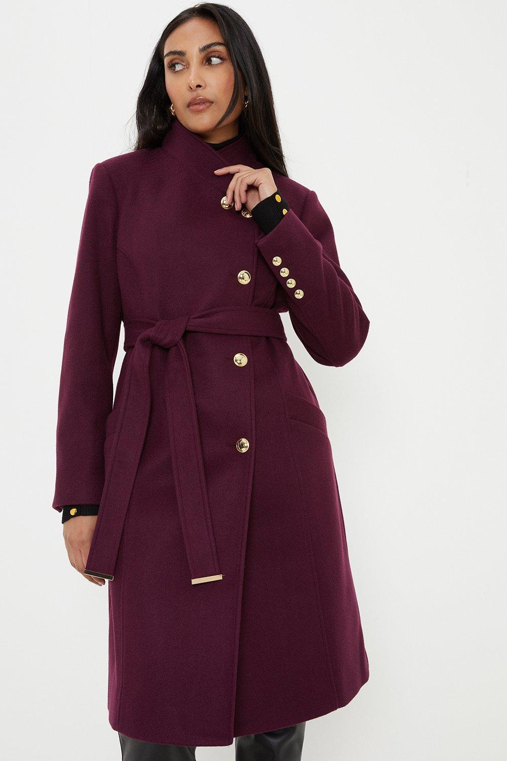 Womens Petite Funnel Belted Wrap Coat