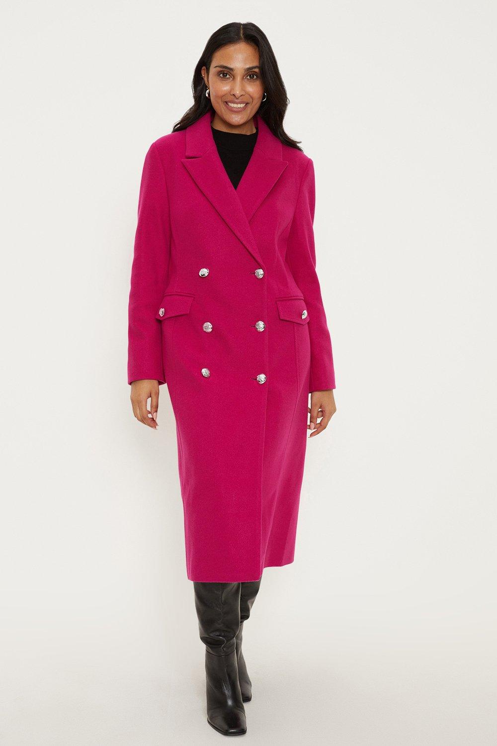 Womens Petite Pink Double Breated Military Coat