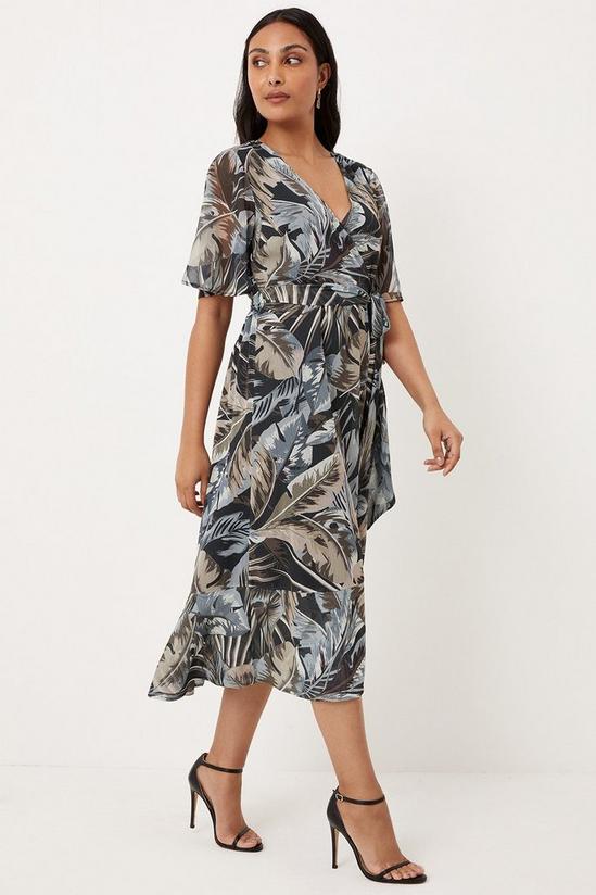 Wallis Petite Neutral Palm Print Flutter Sleeve Wrap Dress 1