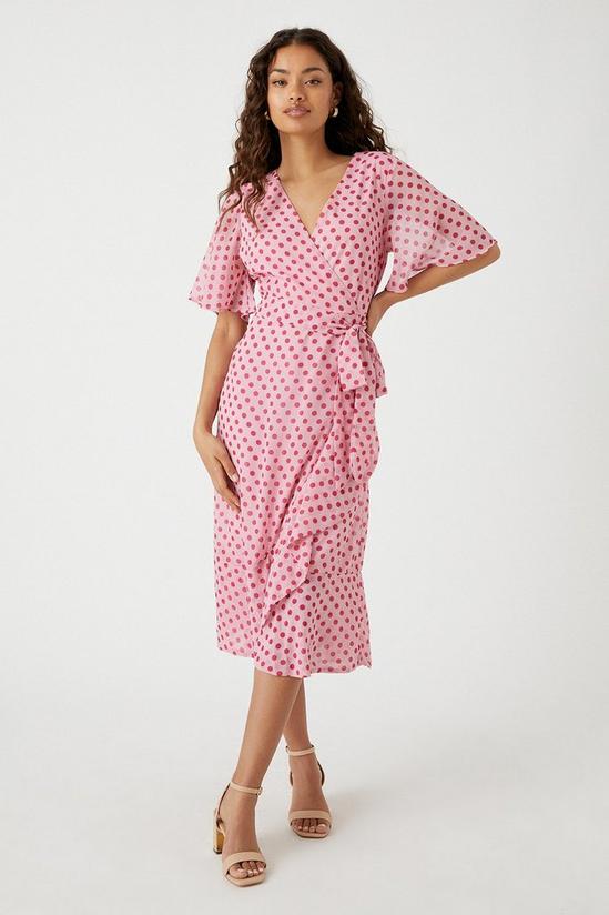 Wallis Petite Pink Spot Flutter Sleeve Wrap Dress 1