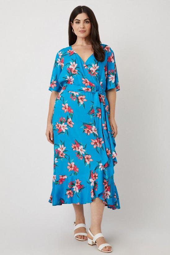 Wallis Curve Blue Tropical Floral Wrap Midi Dress 1