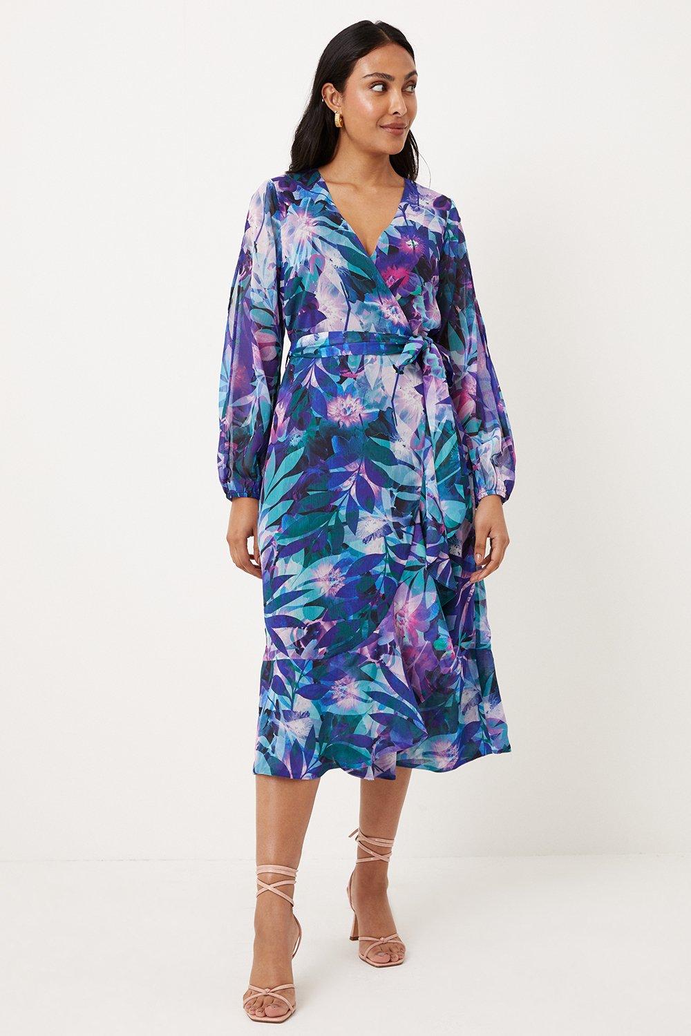 Womens Petite Printed Slit Sleeve Wrap Midi Dress